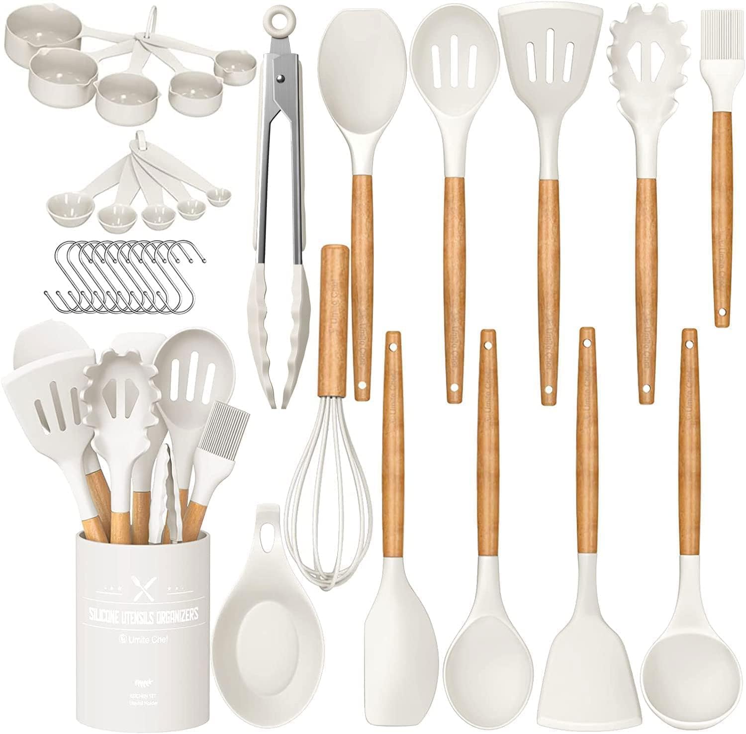 Umite Chef Kitchen Cooking Utensils Set, 33 pcs Non - stick Silicone Spatula Set with Holder, Woodle Handle Heat Resistant Gadgets Utensil (Gray) - Amazing Gadgets Outlet