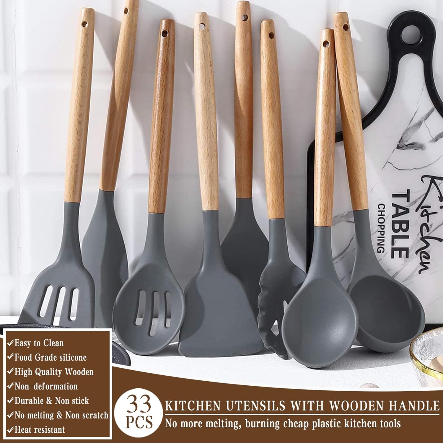 Umite Chef Kitchen Cooking Utensils Set, 33 pcs Non - stick Silicone Spatula Set with Holder, Woodle Handle Heat Resistant Gadgets Utensil (Gray) - Amazing Gadgets Outlet