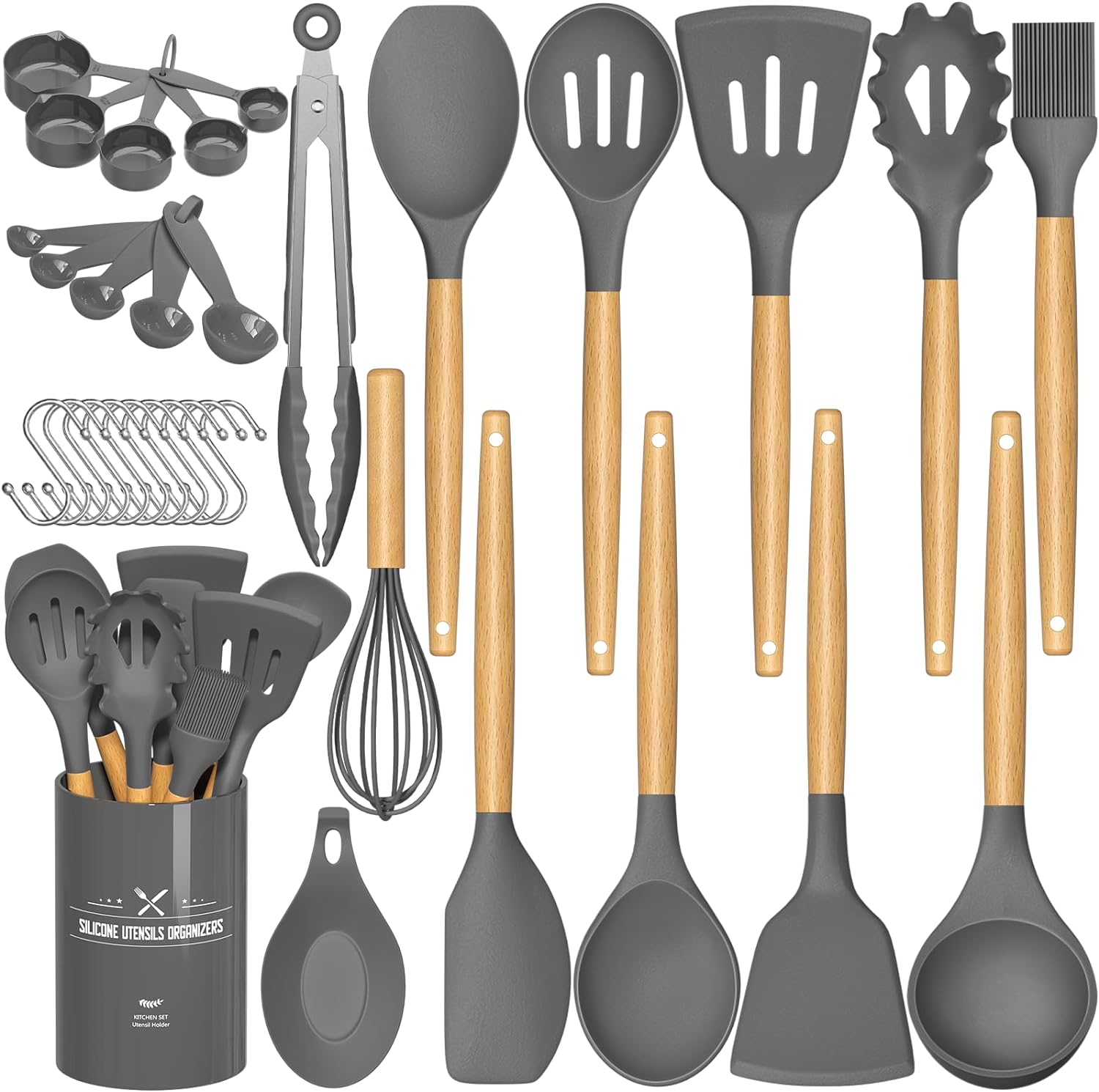 Umite Chef Kitchen Cooking Utensils Set, 33 pcs Non - stick Silicone Spatula Set with Holder, Woodle Handle Heat Resistant Gadgets Utensil (Gray) - Amazing Gadgets Outlet