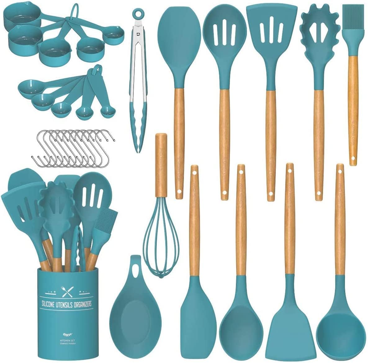 Umite Chef Kitchen Cooking Utensils Set, 33 pcs Non - stick Silicone Spatula Set with Holder, Woodle Handle Heat Resistant Gadgets Utensil (Gray) - Amazing Gadgets Outlet