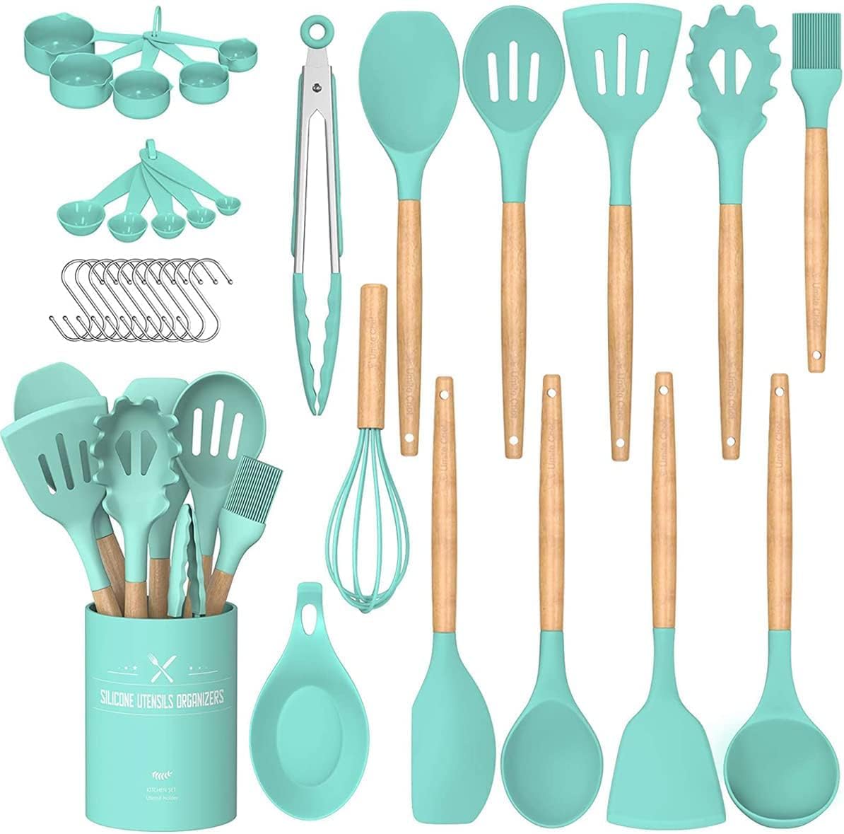 Umite Chef Kitchen Cooking Utensils Set, 33 pcs Non - stick Silicone Spatula Set with Holder, Woodle Handle Heat Resistant Gadgets Utensil (Gray) - Amazing Gadgets Outlet