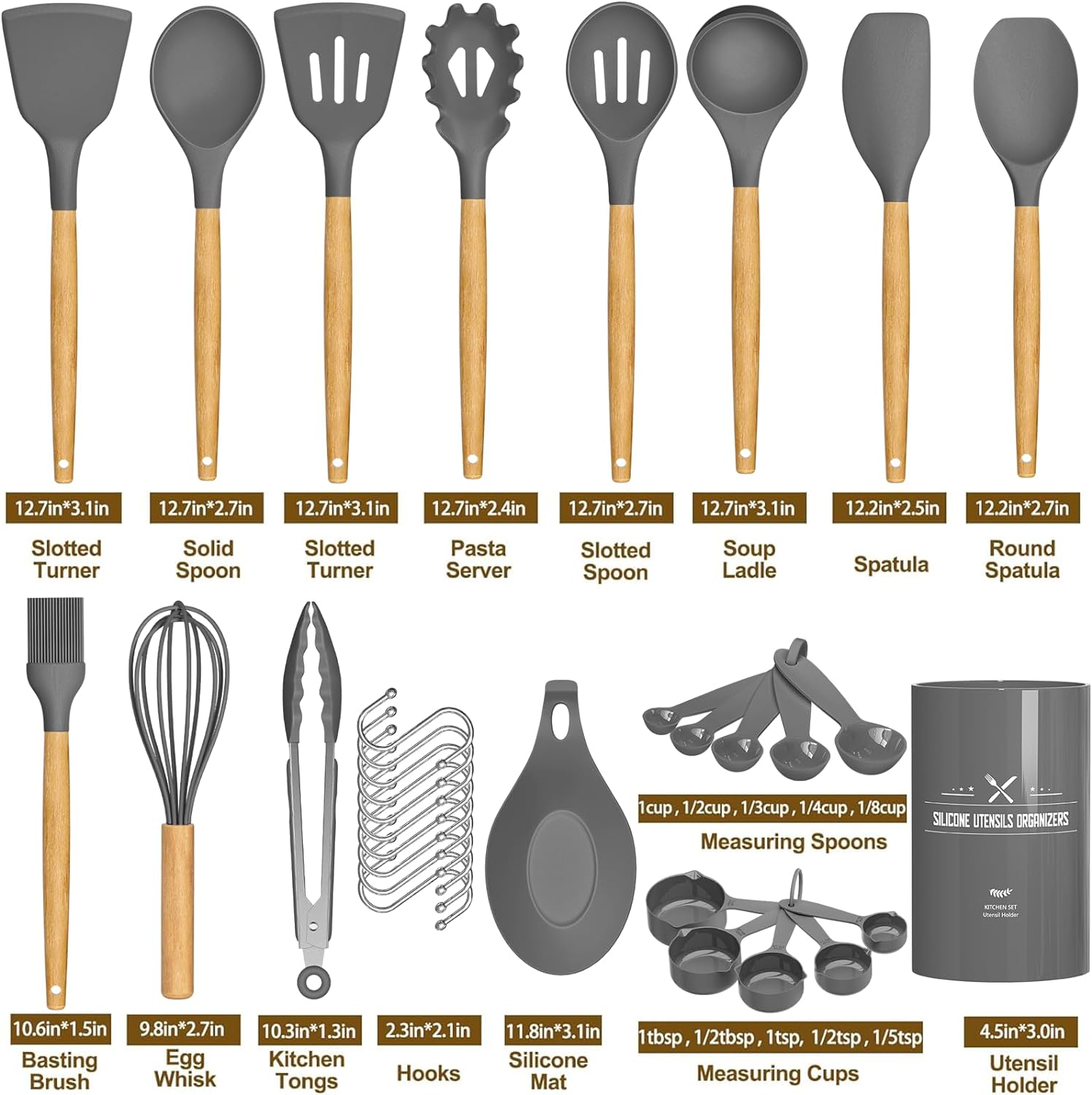 Umite Chef Kitchen Cooking Utensils Set, 33 pcs Non - stick Silicone Spatula Set with Holder, Woodle Handle Heat Resistant Gadgets Utensil (Gray) - Amazing Gadgets Outlet