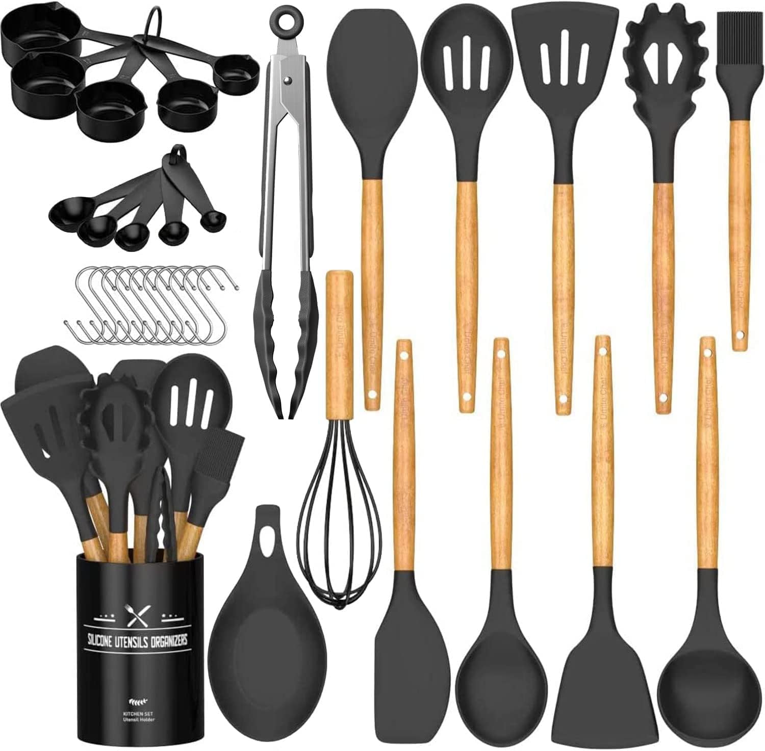 Umite Chef Kitchen Cooking Utensils Set, 33 pcs Non - stick Silicone Spatula Set with Holder, Woodle Handle Heat Resistant Gadgets Utensil (Gray) - Amazing Gadgets Outlet