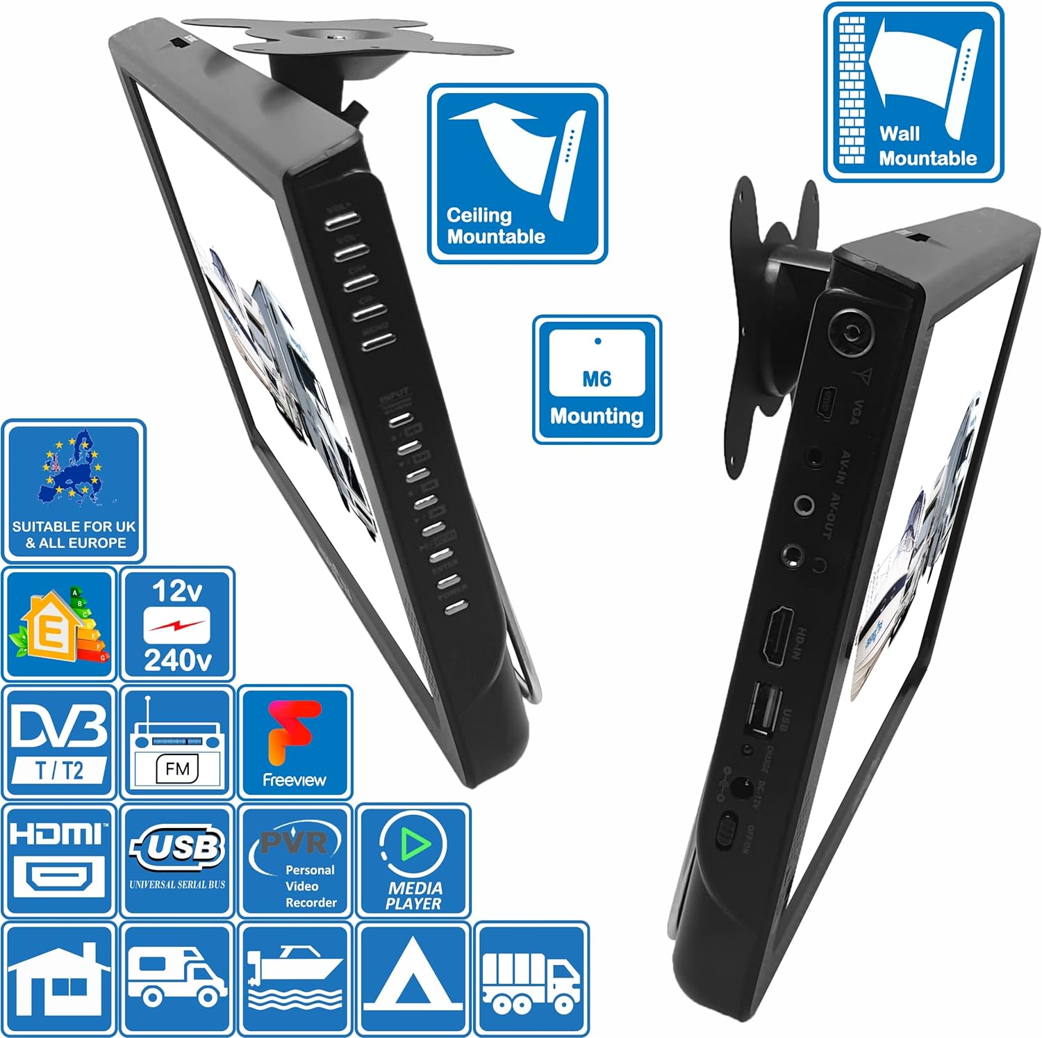 Unispectra® 12 inch 12V TV or 240V HD LED Digital DVB - T/T2 (Freeview) & FM Tuners. HDMI, USB PVR & Media Player. Ideal 12v TVs for Motorhomes, Campervan, Caravan TV, Camping, Trucks, Kitchen - Amazing Gadgets Outlet