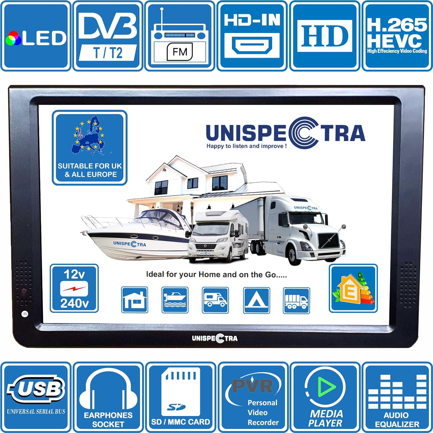 Unispectra® 12 inch 12V TV or 240V HD LED Digital DVB - T/T2 (Freeview) & FM Tuners. HDMI, USB PVR & Media Player. Ideal 12v TVs for Motorhomes, Campervan, Caravan TV, Camping, Trucks, Kitchen - Amazing Gadgets Outlet