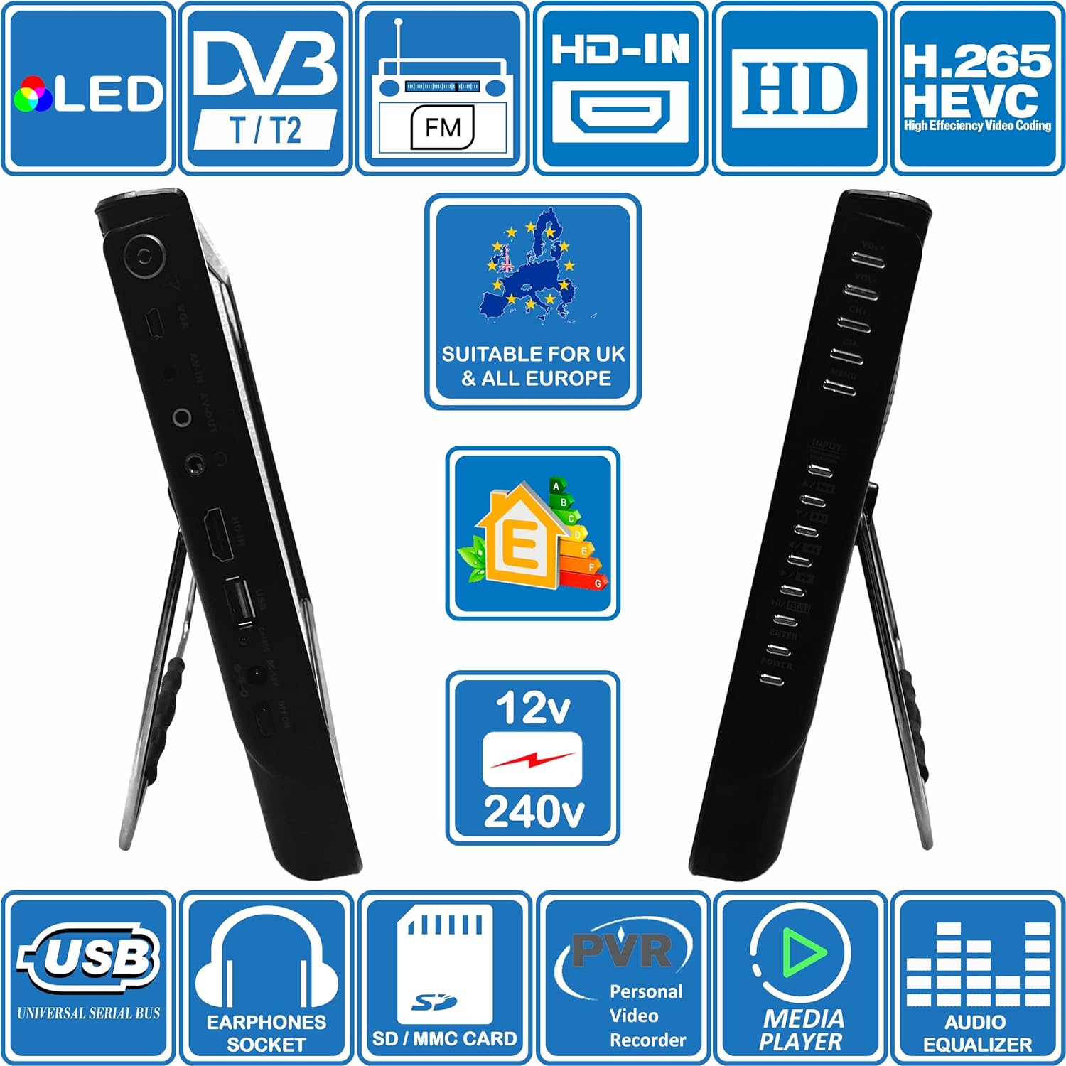 Unispectra® 12 inch 12V TV or 240V HD LED Digital DVB - T/T2 (Freeview) & FM Tuners. HDMI, USB PVR & Media Player. Ideal 12v TVs for Motorhomes, Campervan, Caravan TV, Camping, Trucks, Kitchen - Amazing Gadgets Outlet