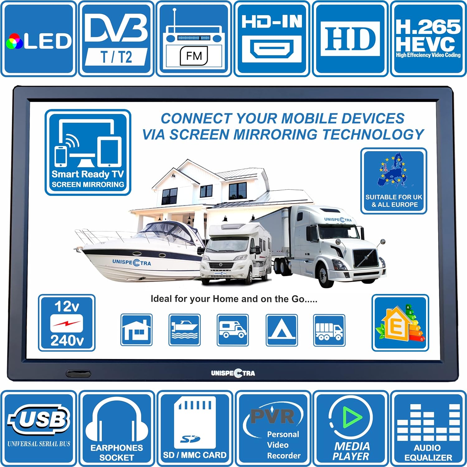 Unispectra® 16 inch Smart Ready HD LED Digital Freeview 12V TV / 240V & FM Tuner, USB Media Player, PVR, HDMI. 12V TVs for Motorhomes, Campervan, Caravan TV, Camping, Truck, Boat, Kitchen - Amazing Gadgets Outlet