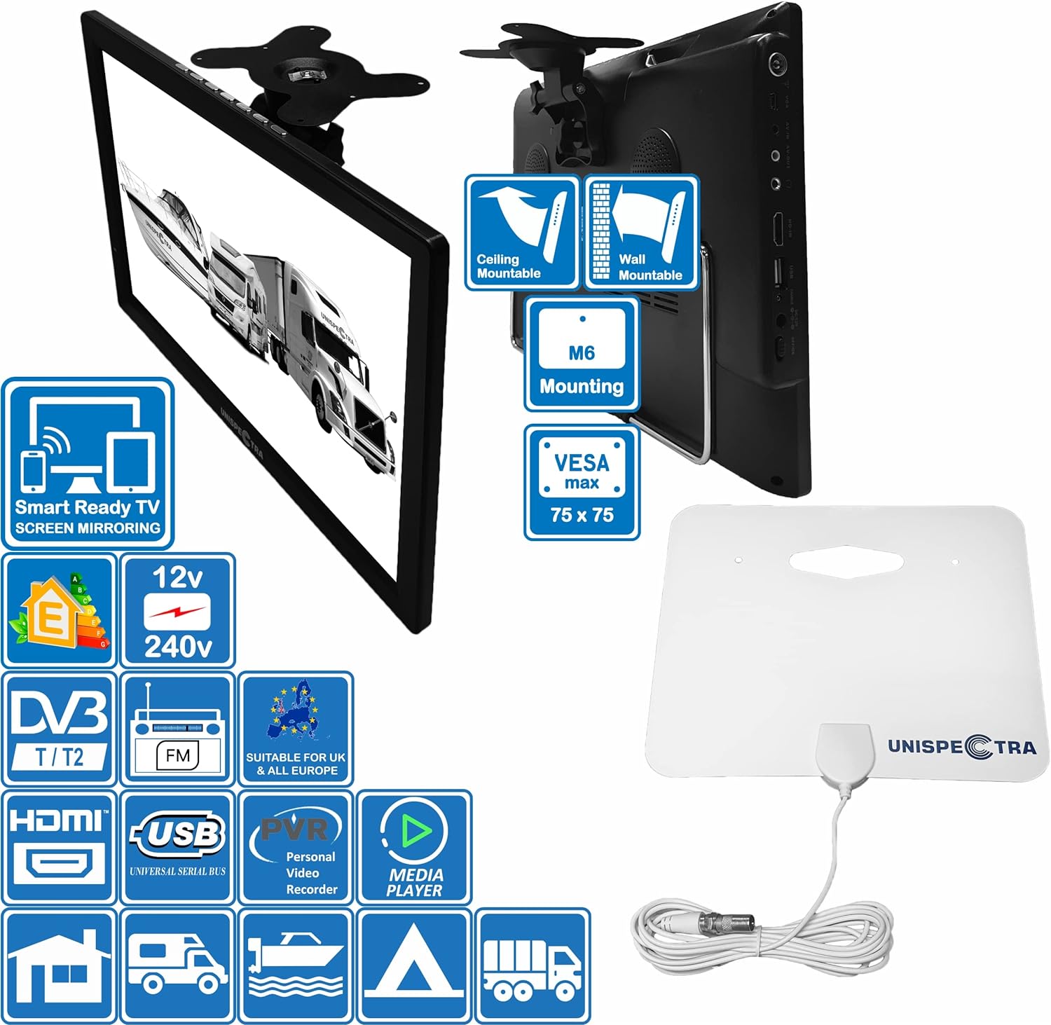 Unispectra® 16 inch Smart Ready HD LED Digital Freeview 12V TV / 240V & FM Tuner, USB Media Player, PVR, HDMI. 12V TVs for Motorhomes, Campervan, Caravan TV, Camping, Truck, Boat, Kitchen - Amazing Gadgets Outlet