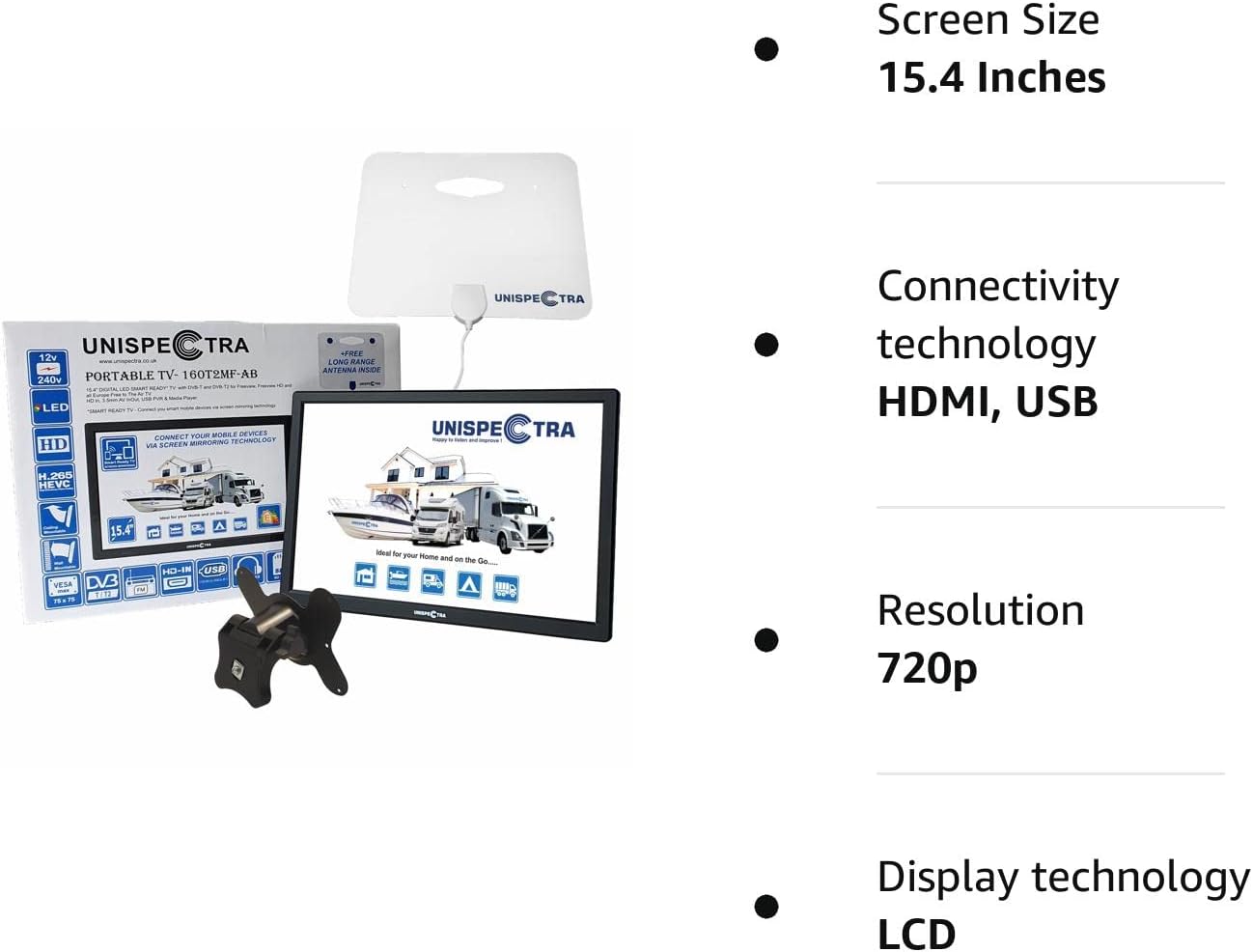 Unispectra® 16 inch Smart Ready HD LED Digital Freeview 12V TV / 240V & FM Tuner, USB Media Player, PVR, HDMI. 12V TVs for Motorhomes, Campervan, Caravan TV, Camping, Truck, Boat, Kitchen - Amazing Gadgets Outlet