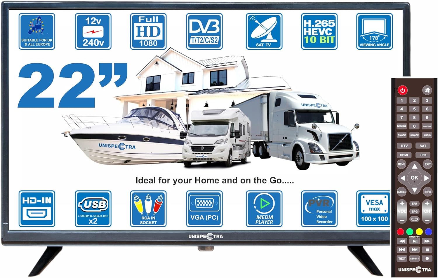 Unispectra® HD LED 240v 12v TV Freeview and SAT Tuner, USB Media Player, HDMI. 12V TVs for Motorhomes, Campervan, Caravan TV, Camping, Truck, Boat, Kitchen, Bedroom (22” SmartReady) - Amazing Gadgets Outlet