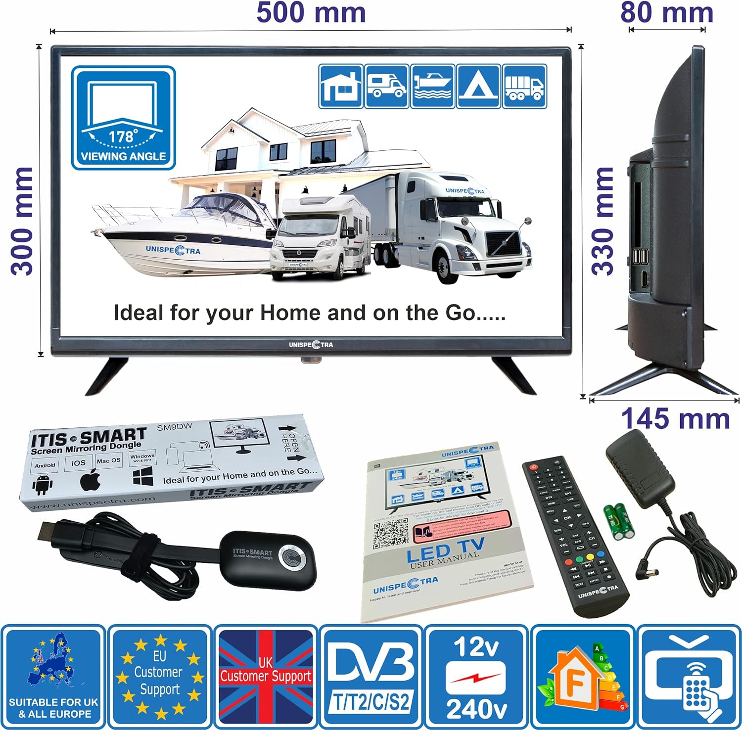 Unispectra® HD LED 240v 12v TV Freeview and SAT Tuner, USB Media Player, HDMI. 12V TVs for Motorhomes, Campervan, Caravan TV, Camping, Truck, Boat, Kitchen, Bedroom (22” SmartReady) - Amazing Gadgets Outlet