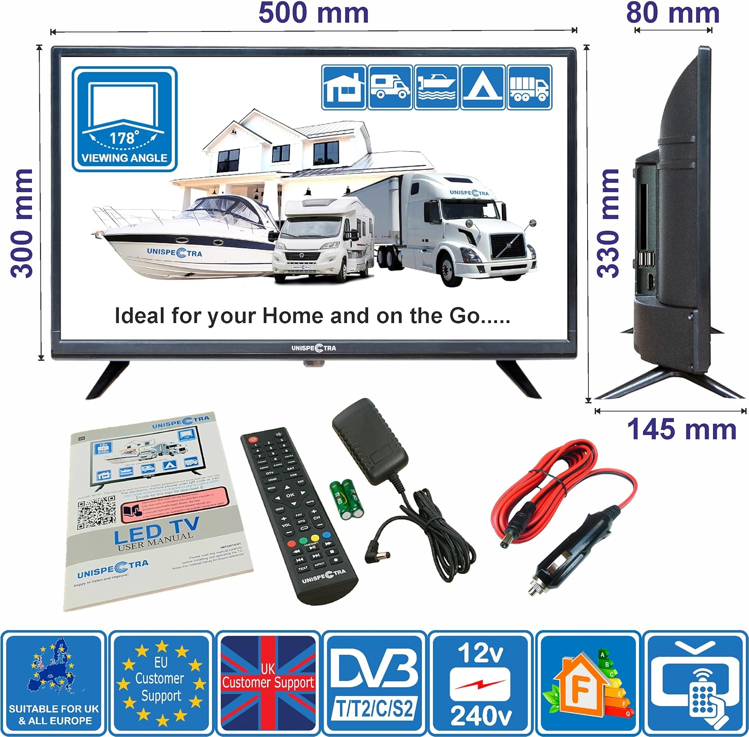 Unispectra® HD LED 240v 12v TV Freeview and SAT Tuner, USB Media Player, HDMI. 12V TVs for Motorhomes, Campervan, Caravan TV, Camping, Truck, Boat, Kitchen, Bedroom (22" TV) - Amazing Gadgets Outlet