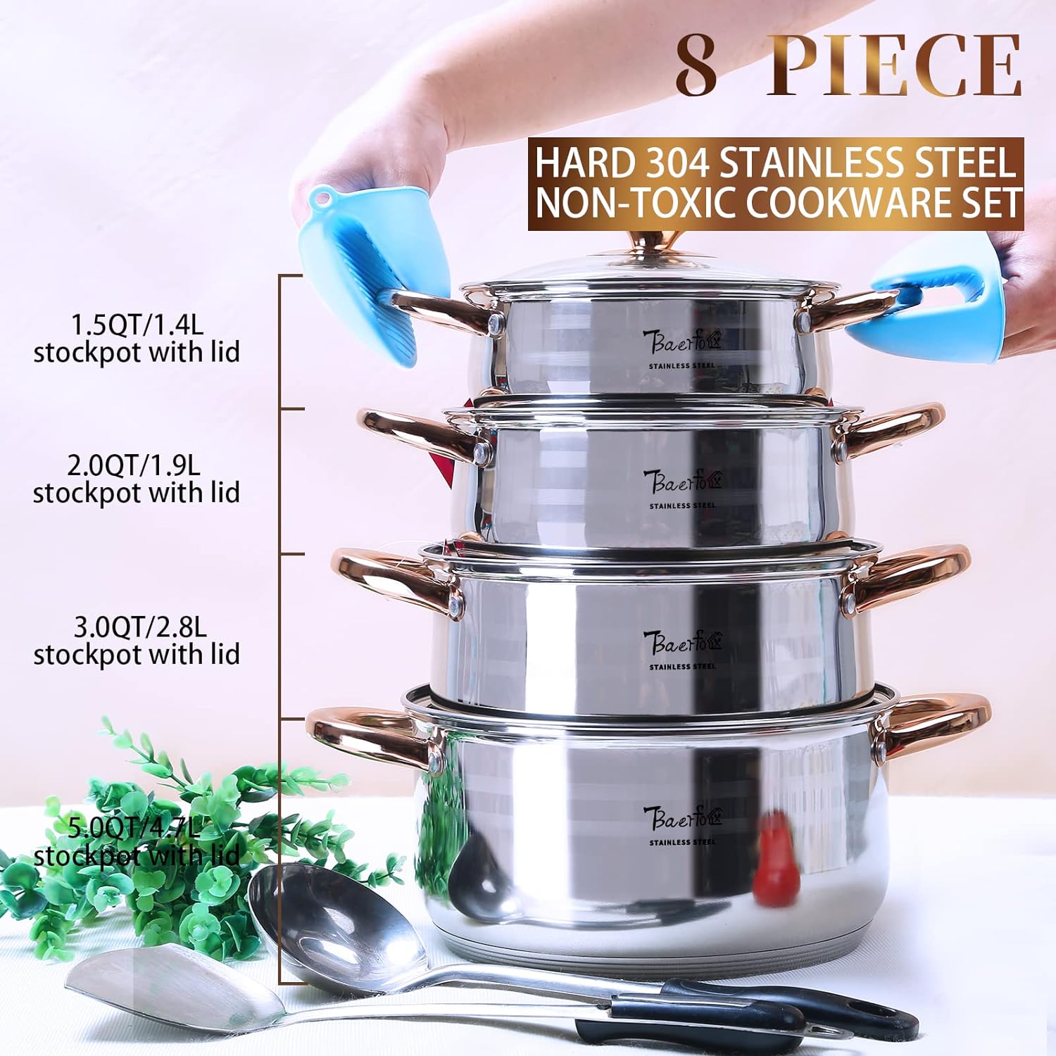 Upgraded Version 8 Pcs Pots Set Nonstick,Premium 304 Stainless Steel Pots,Pot Sets for Cooking Nonstick Clearance with Stainless Steel Handle and Glass Lid（1.5Qt,2.0Qt,3.0Qt,5Qt） - Amazing Gadgets Outlet