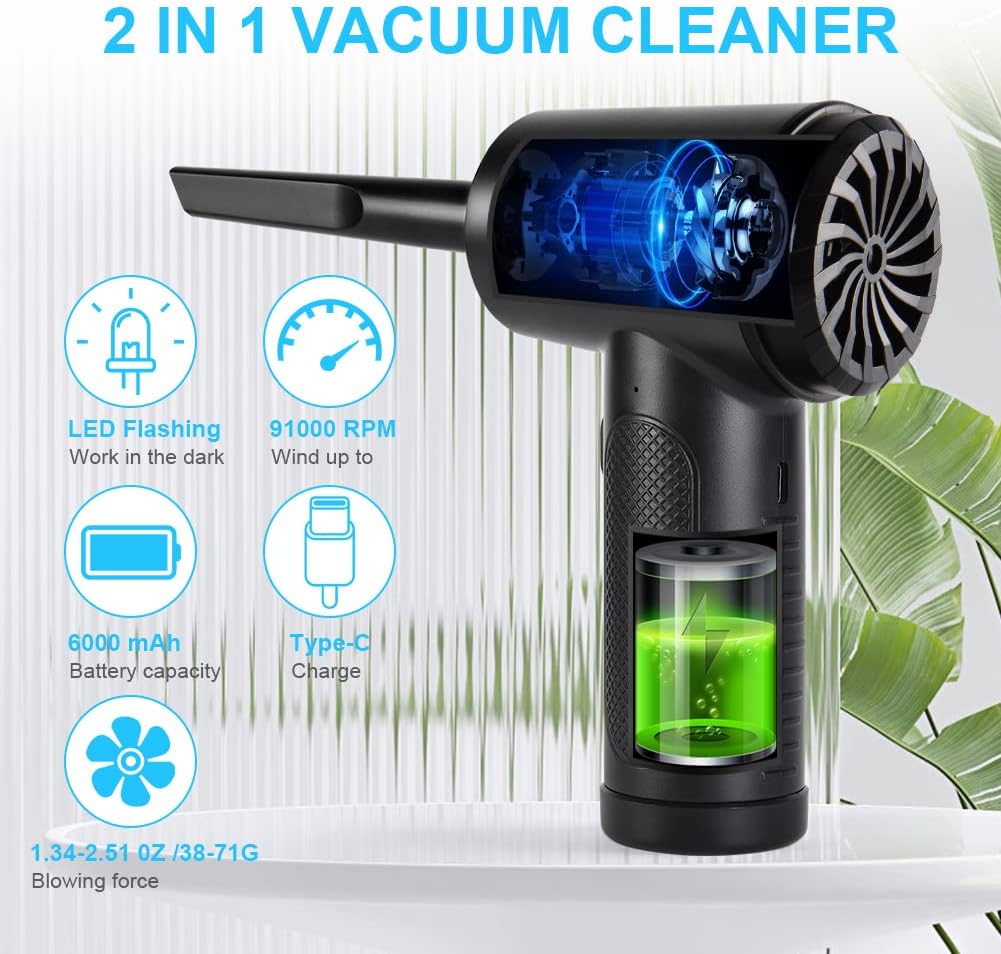 URAQT 2 in 1Electric Compressed Air Duster, Cordless Air Duster and Vacuum, Electric Compressed Air Duster Blower, Rechargeable Mini Vacuum Cleaner for PC, Keyboard, Car, Replaces Canned Air Spray - Amazing Gadgets Outlet