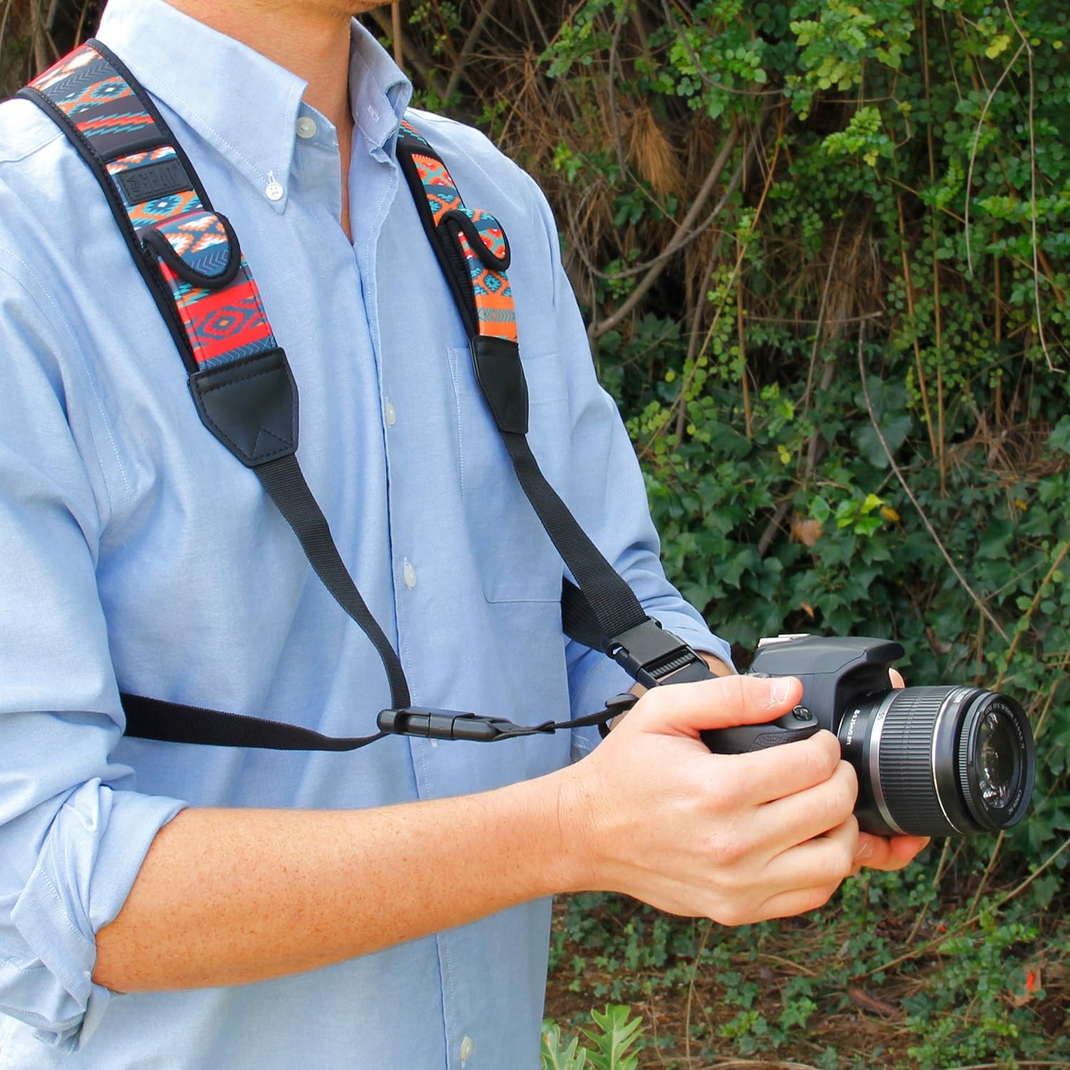 USA Gear DSLR Camera Strap Chest Harness with Southwest Neoprene Pattern and Accessory Pockets - Compatible with Canon, Nikon, Fujifilm, Sony More Point & Shoot, Mirrorless Cameras - Amazing Gadgets Outlet