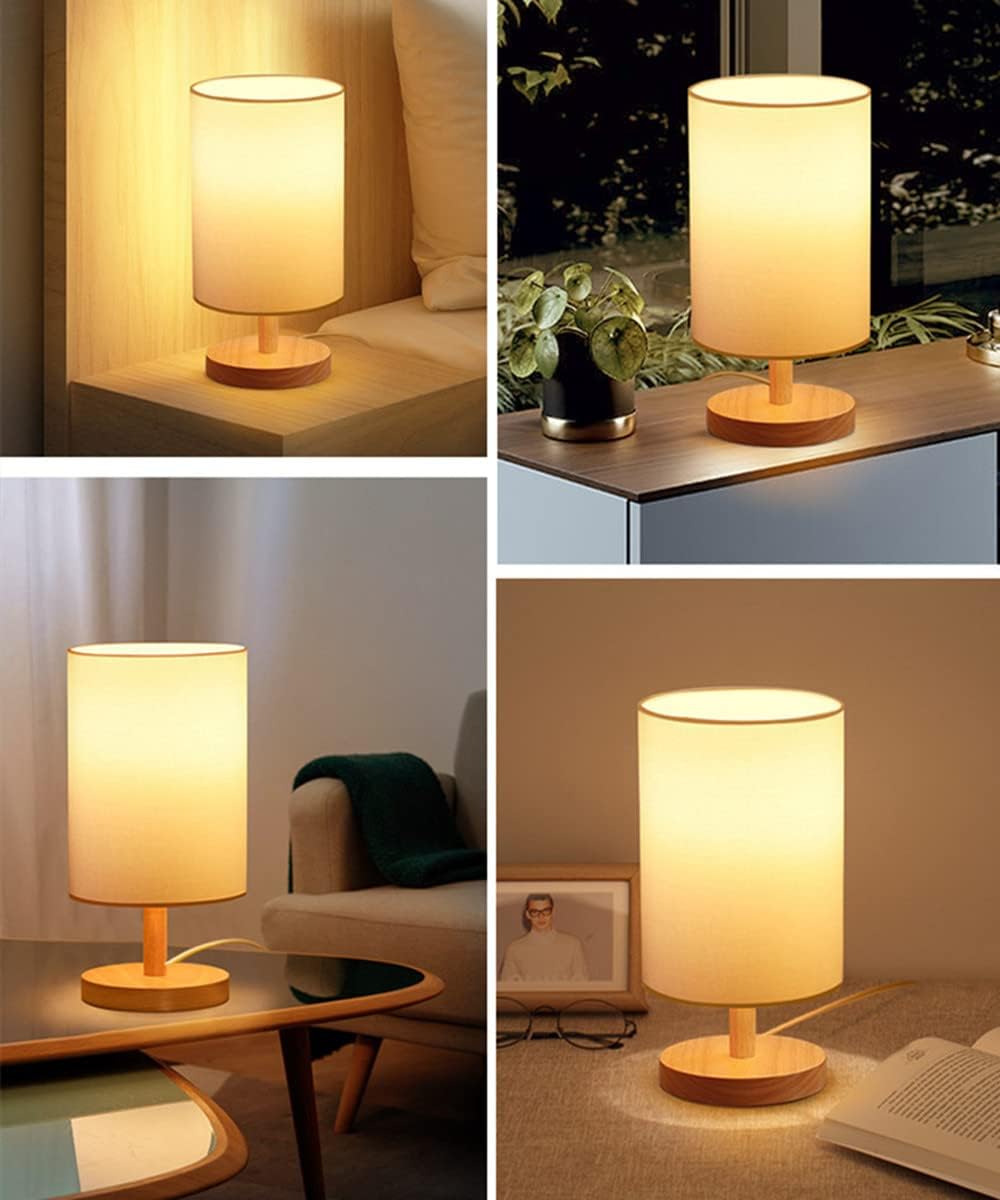 USB Bedside Circular Table Desk Lamp,Solid Wood Base with Flaxen Fabric Shade for Bedroom Living Room,Warm Light Small Table Lamp for Bedroom, Living Room,Nightstand,Office - Amazing Gadgets Outlet