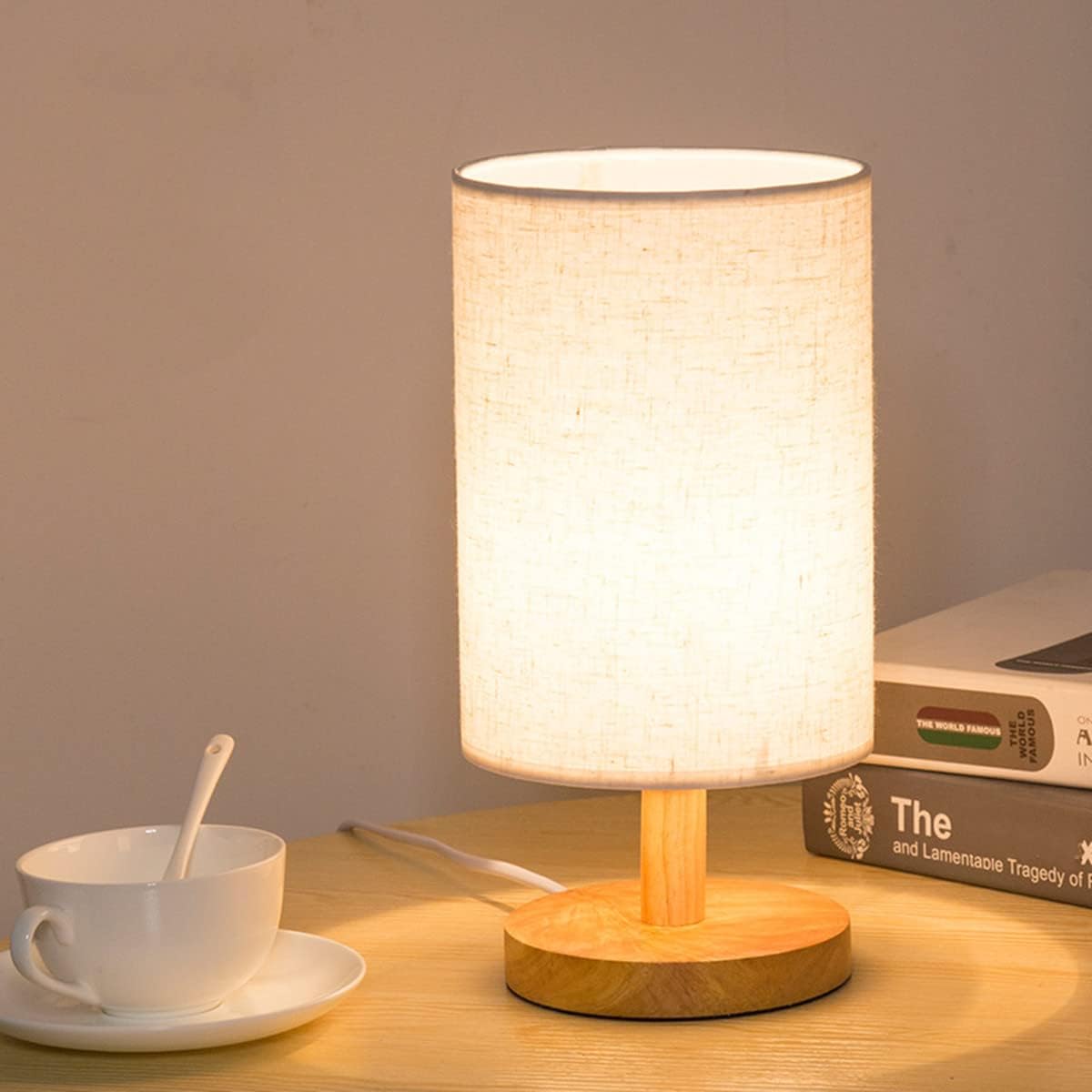 USB Bedside Circular Table Desk Lamp,Solid Wood Base with Flaxen Fabric Shade for Bedroom Living Room,Warm Light Small Table Lamp for Bedroom, Living Room,Nightstand,Office - Amazing Gadgets Outlet