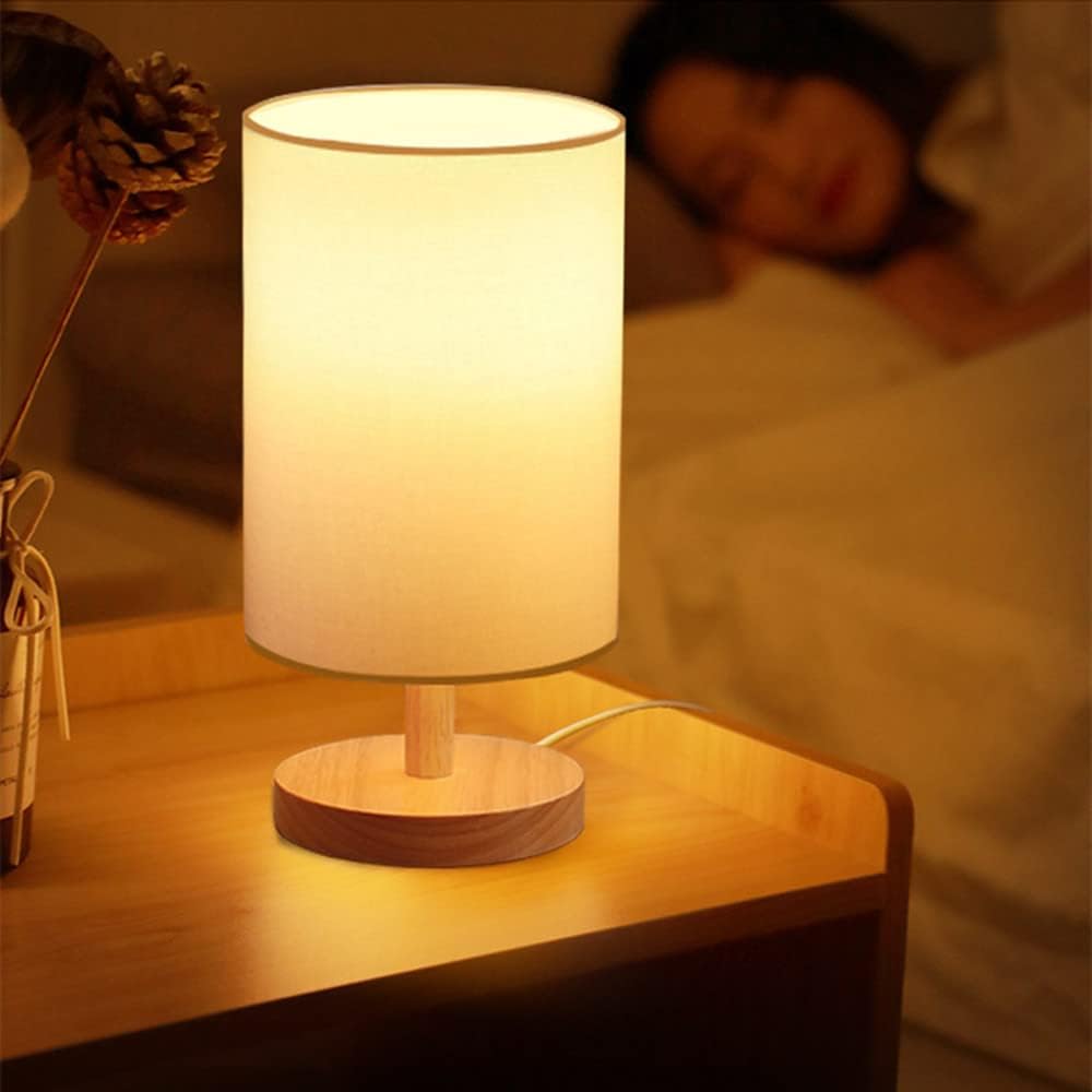 USB Bedside Circular Table Desk Lamp,Solid Wood Base with Flaxen Fabric Shade for Bedroom Living Room,Warm Light Small Table Lamp for Bedroom, Living Room,Nightstand,Office - Amazing Gadgets Outlet