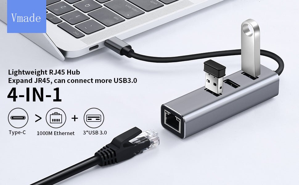 USB C to Ethernet Adapter 3 Port USB 3.0 Hub with RJ45 10/100/1000 Gigabit Ethernet 4in1 Compatible for MacBook Pro 2021/2020/2019/2018/2017, MacBook Air, Dell XPS and More - Amazing Gadgets Outlet