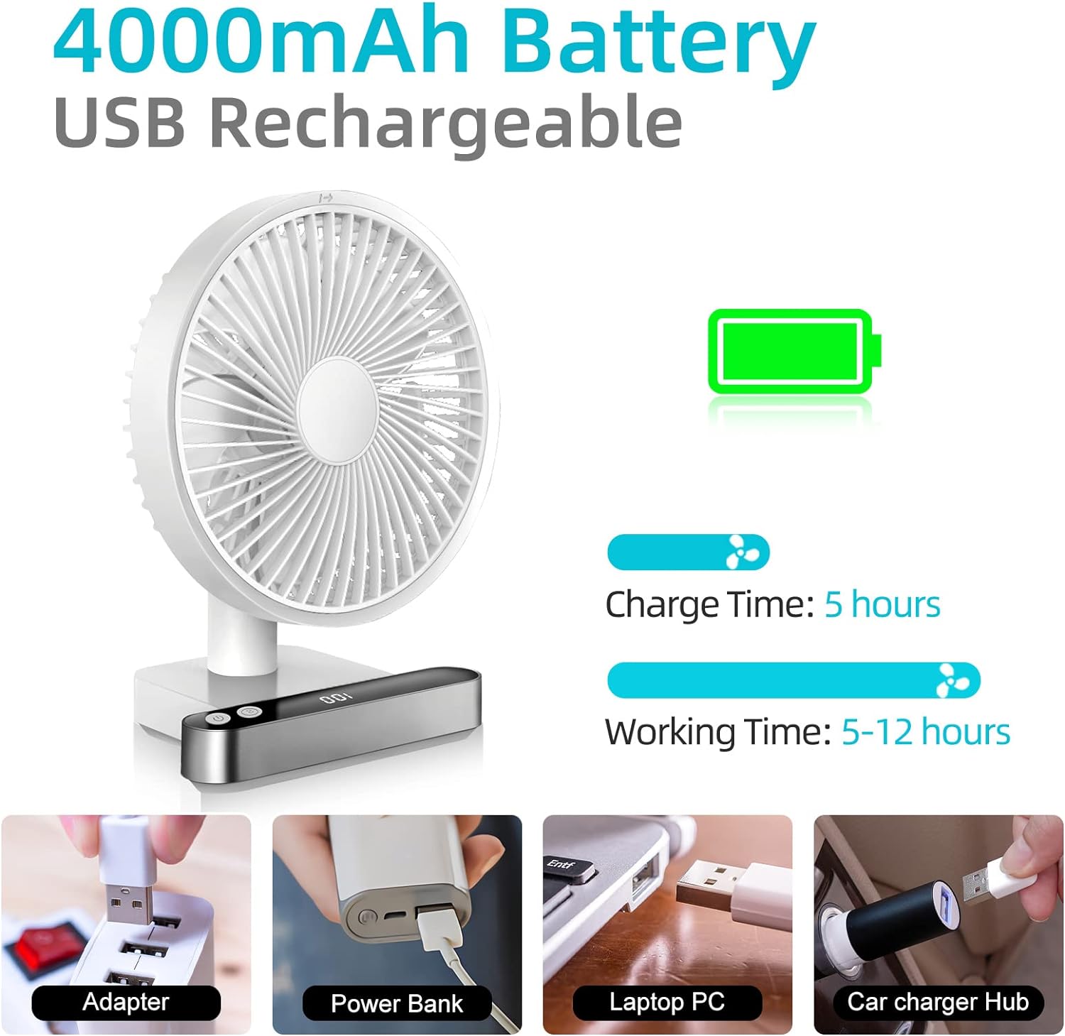 USB Desk Fan, 6.7Inch Small Silent Fan Cooling Fans with Strong Airflow, 4 Speeds, Rotatable Head, 4000mAh Rechargeable Battery Operated Portable Fan for Home Bedroom Office Outdoor Travel(White) - Amazing Gadgets Outlet