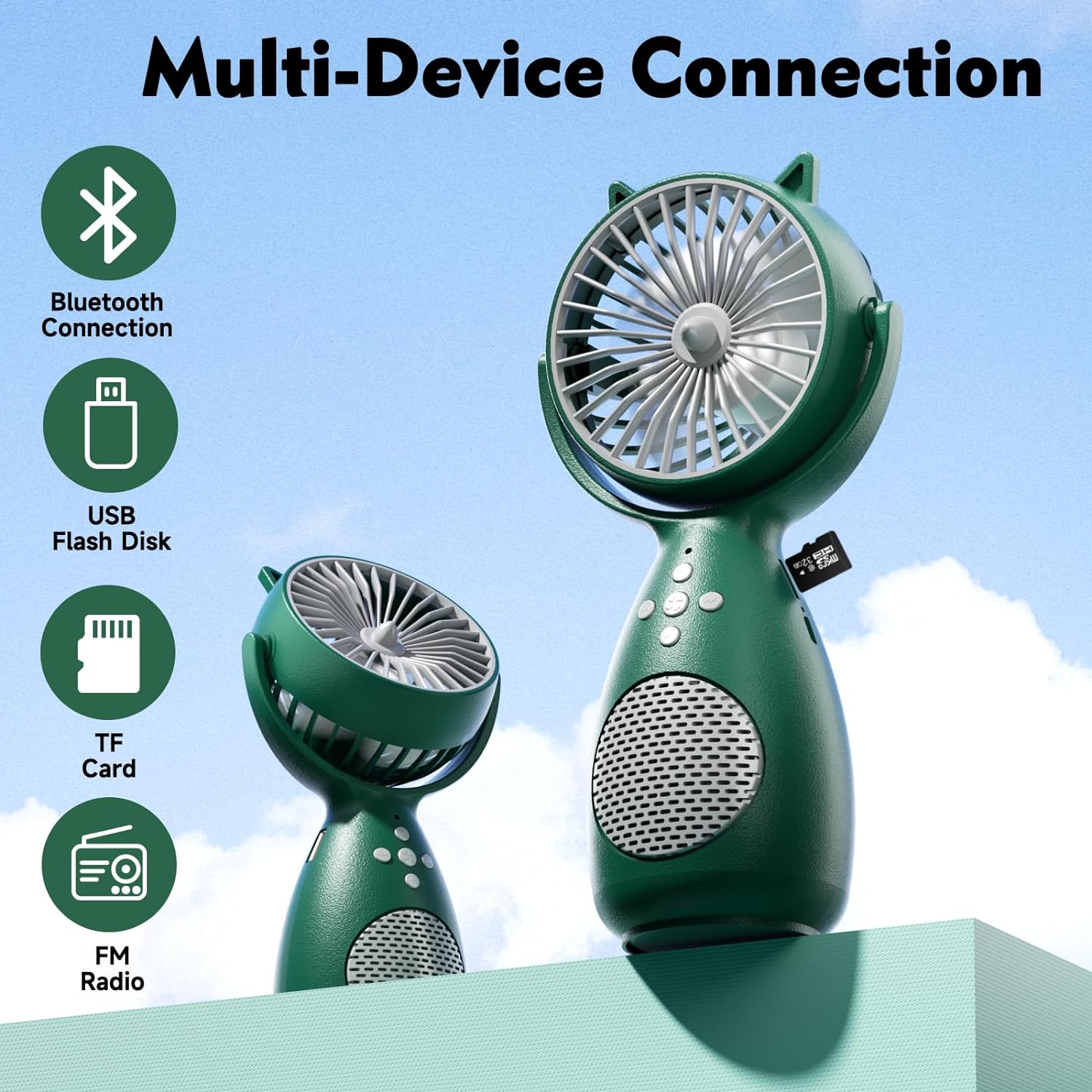 USB Desk Fan, Rechargeable Table Fan with Bluetooth Audio, 3 Speeds Mini Portable Fan, Strong Airflow Quiet Operation Desktop Fans for Home Office Bedroom Outdoor Travel (Green) - Amazing Gadgets Outlet