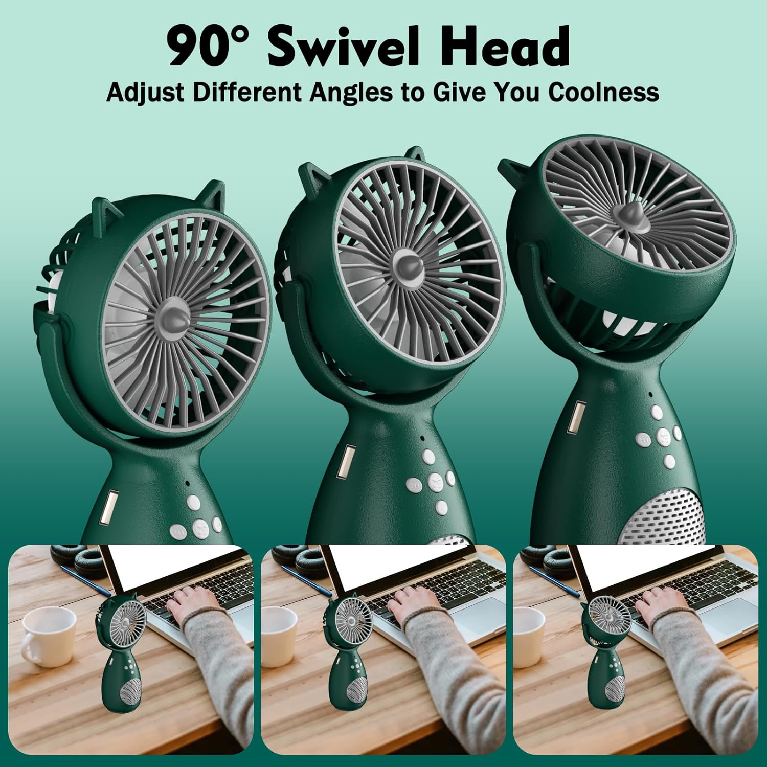 USB Desk Fan, Rechargeable Table Fan with Bluetooth Audio, 3 Speeds Mini Portable Fan, Strong Airflow Quiet Operation Desktop Fans for Home Office Bedroom Outdoor Travel (Green) - Amazing Gadgets Outlet