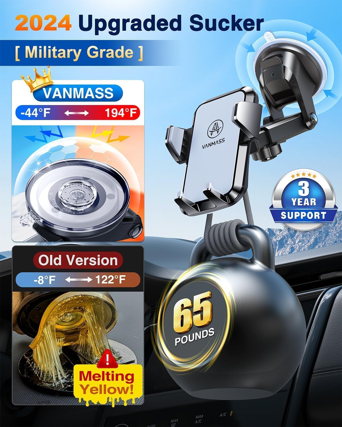 VANMASS 【2024 BEST & Strongest】 Car Phone Holder 【Over 60LBS Suction Military - Grade】 Patent & Safety Certs Mobile Mount Dashboard Windscreen Vent Van Stand Cradle for 15 Pro Max 14 13 12 Samsung - Amazing Gadgets Outlet