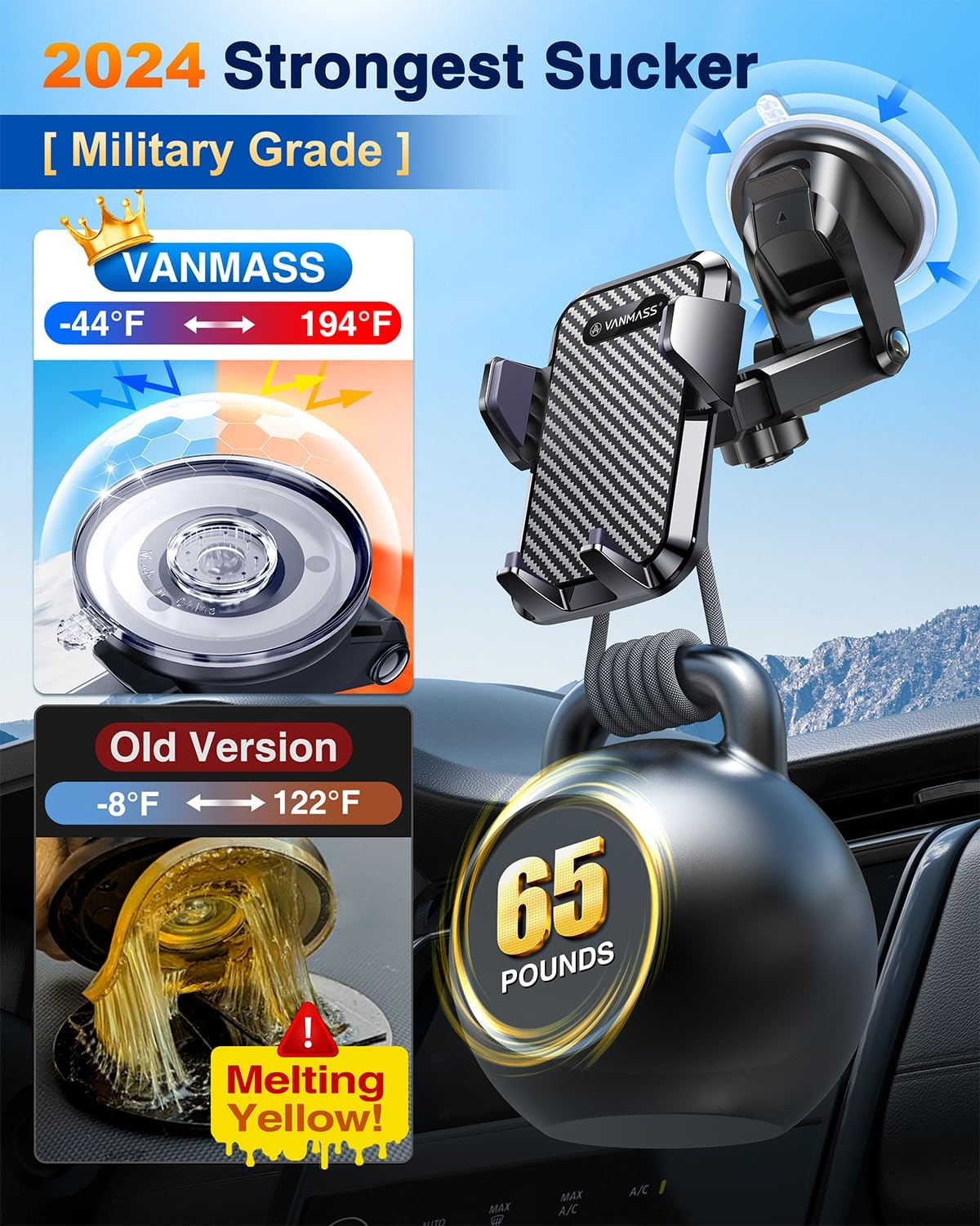 VANMASS Car Phone Holder 2024 BEST【65+ LBS Strongest Suction & Military - Grade】 Ultimate Mobile Phone Mount【Patent & Safety Certs】 Dashboard Windscreen Vent Cradle Van for iPhone 15 14 Pro Max Samsung - Amazing Gadgets Outlet
