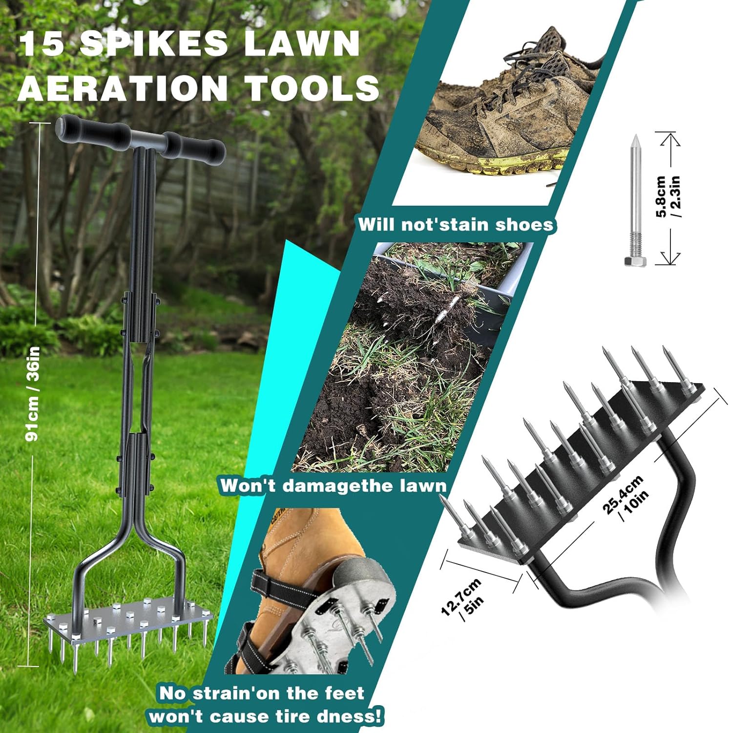 vanpein Lawn Aerator, Lawn Spike Aerator Manual Tool with 15 pieces 6cm Solid Steel Spikes, Garden Grass Aeration, and Soil Aerating Tool with Clean Tool for Aerating Lawns & Yard Care, 36 inch   Import  Single ASIN  Import  Multiple ASIN ×Produc - Amazing Gadgets Outlet