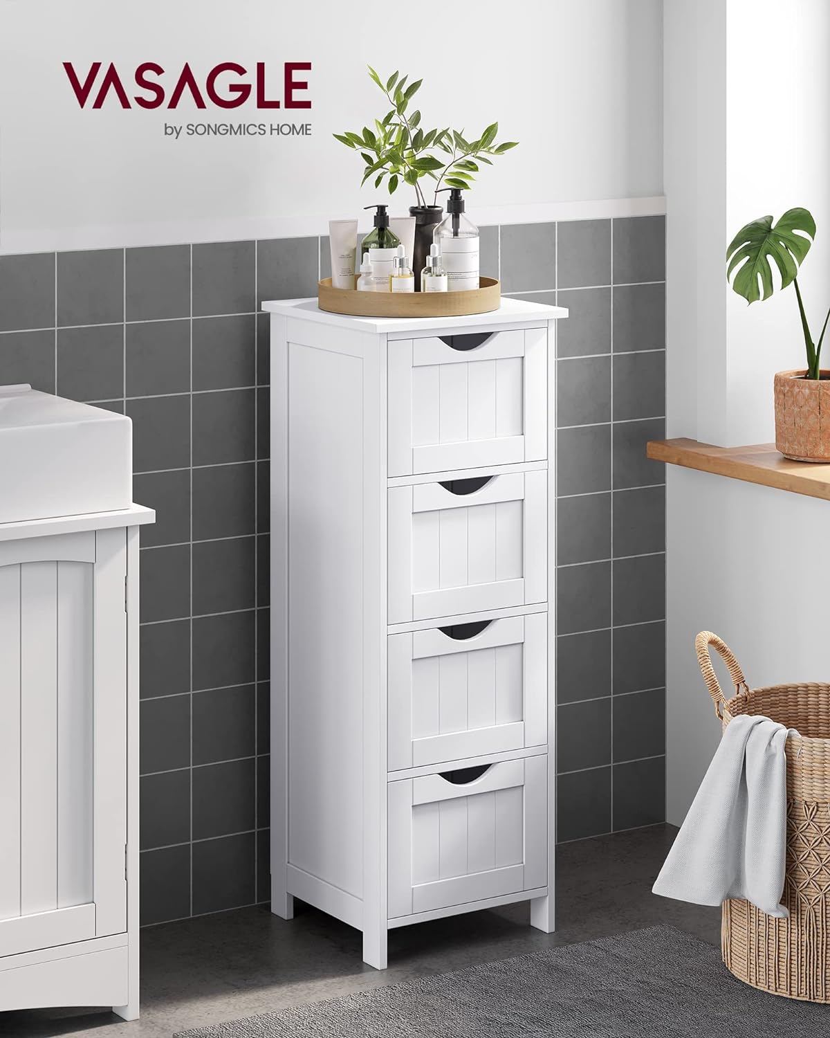 VASAGLE Bathroom Floor Storage Cabinet, Bathroom Storage with 4 Drawers, Bathroom Cabinet Freestanding, 30 x 30 x 82 cm, Modern Style, White LHC40W   Import  Single ASIN  Import  Multiple ASIN ×Product customization General Description - Amazing Gadgets Outlet