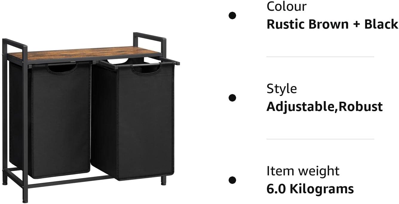 Vasagle BLH201B01V1 Dirty Laundry Basket, 2 Compartments, Bin, with 2 Removable Oxford Cloth Bags, Metal Frame, 2 x 46 Litres, 73 x 33 x 72 cm, Rustic Brown and Black - Amazing Gadgets Outlet