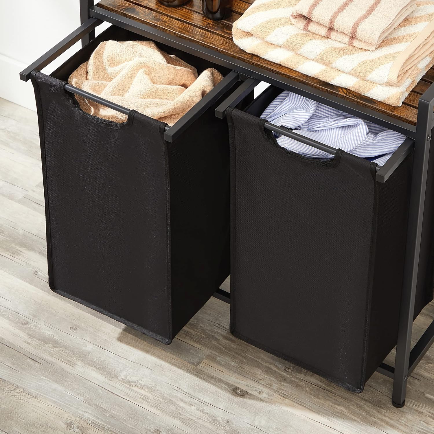 Vasagle BLH201B01V1 Dirty Laundry Basket, 2 Compartments, Bin, with 2 Removable Oxford Cloth Bags, Metal Frame, 2 x 46 Litres, 73 x 33 x 72 cm, Rustic Brown and Black - Amazing Gadgets Outlet