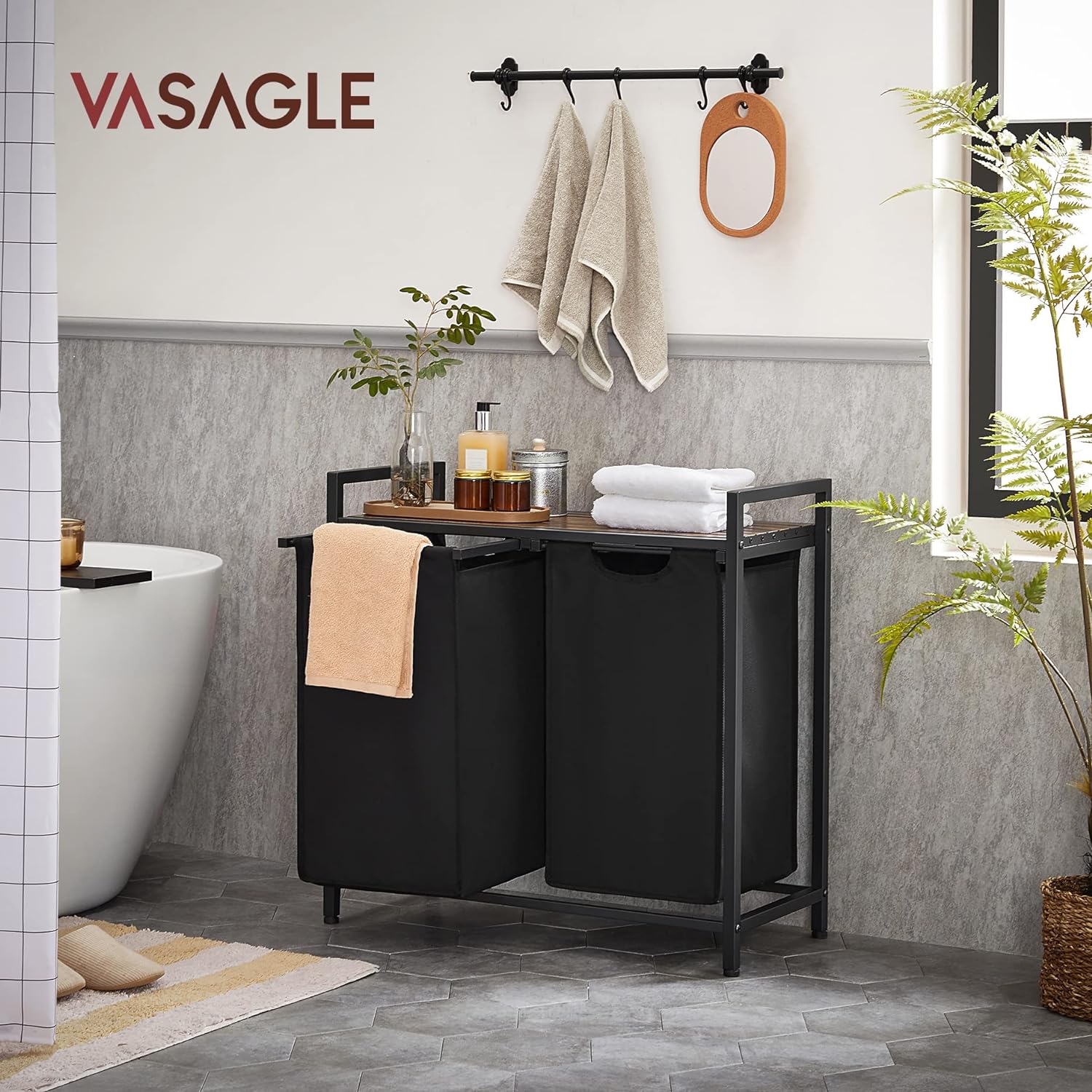 Vasagle BLH201B01V1 Dirty Laundry Basket, 2 Compartments, Bin, with 2 Removable Oxford Cloth Bags, Metal Frame, 2 x 46 Litres, 73 x 33 x 72 cm, Rustic Brown and Black - Amazing Gadgets Outlet