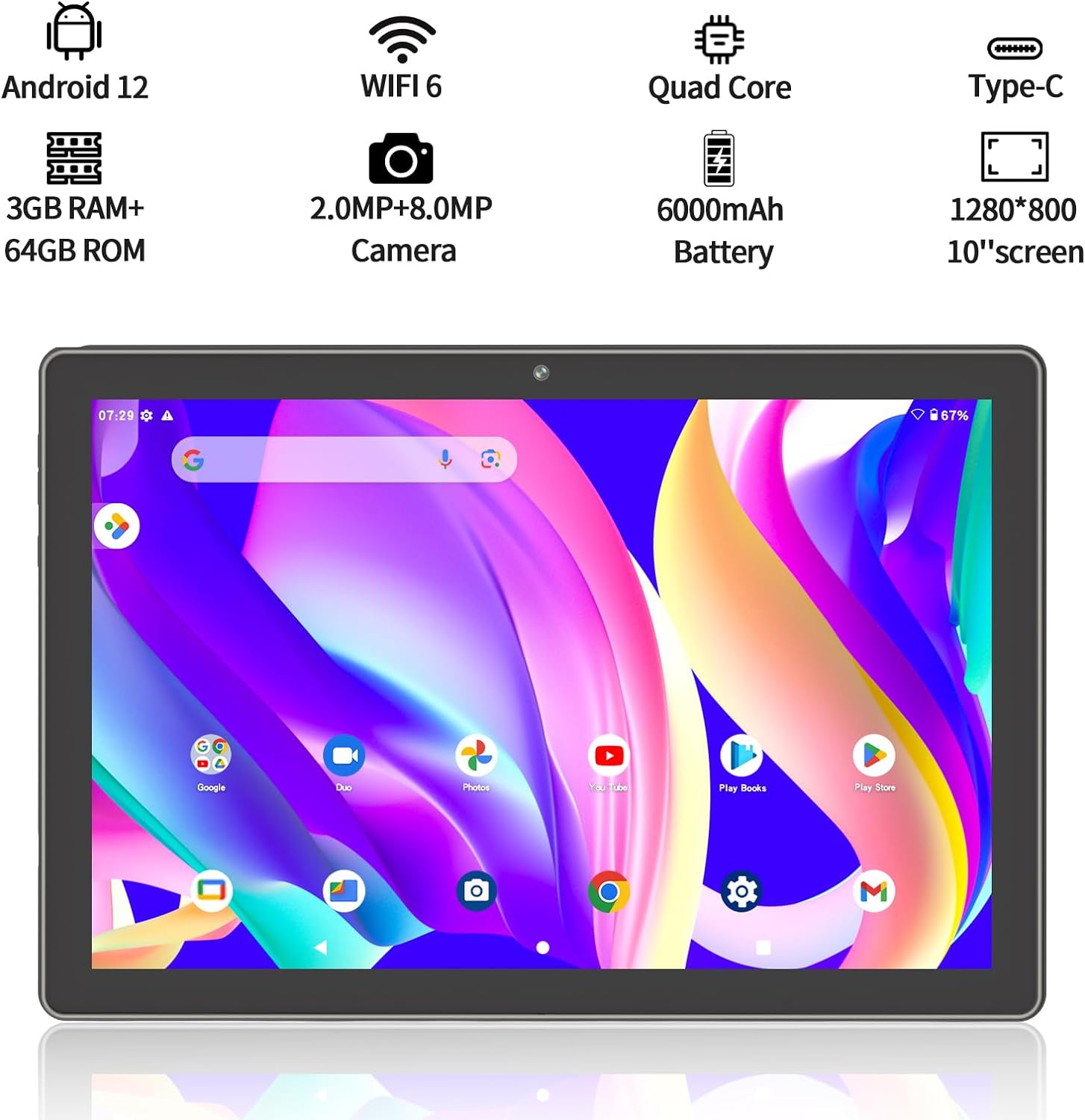 VASOUN Tablets 10 inch, Android 12 Tablet with 64GB ROM, 1280 x 800 HD IPS Display, 1.6GHZ Quad Core Processor, Dual Camera, BT 5.0, Tablet with WIFI - Amazing Gadgets Outlet