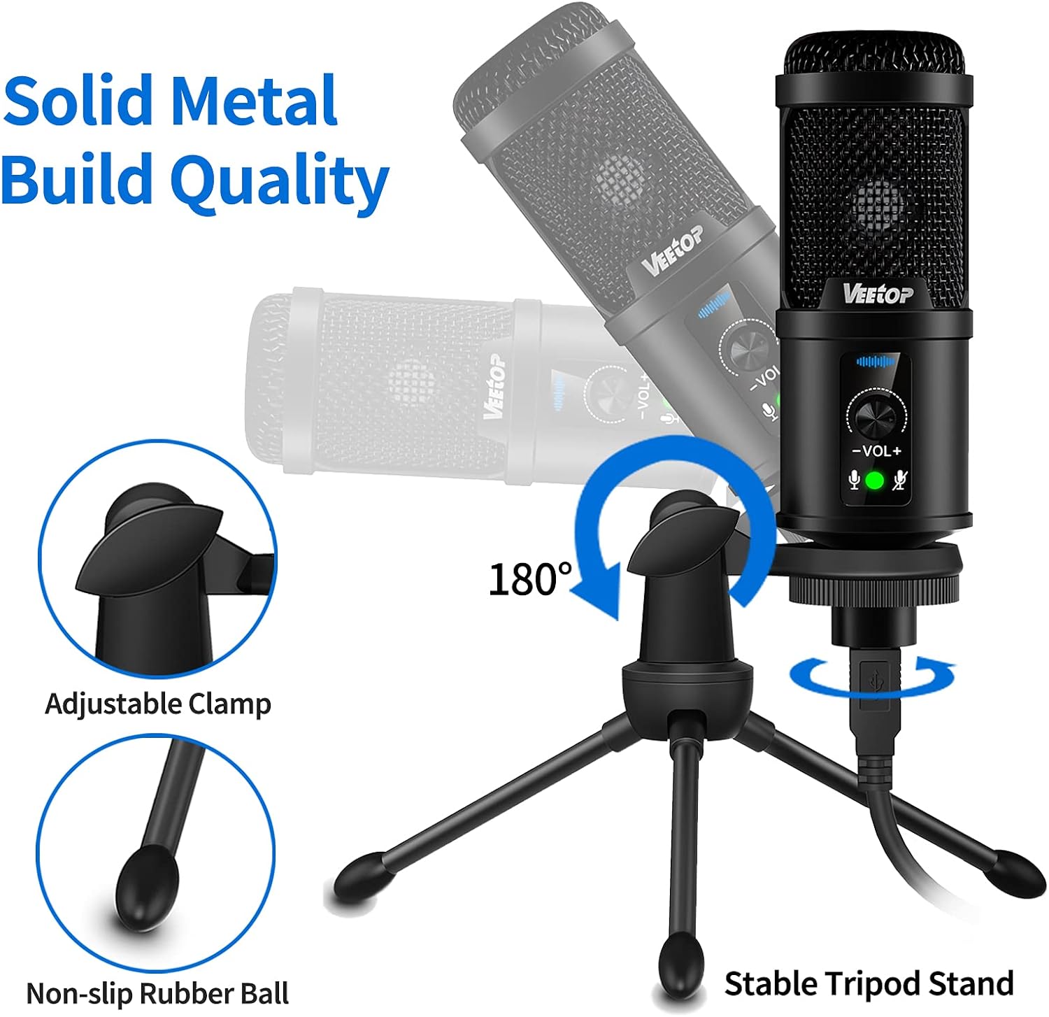 Veetop USB Microphone Metal Computer Condenser PC Mic for Gaming Podcasting Streaming Recording Voiceover YouTube Skype Twitch Zoom Cardioid with Tripod Compatible with Desktop Laptop Windows MacOS - Amazing Gadgets Outlet