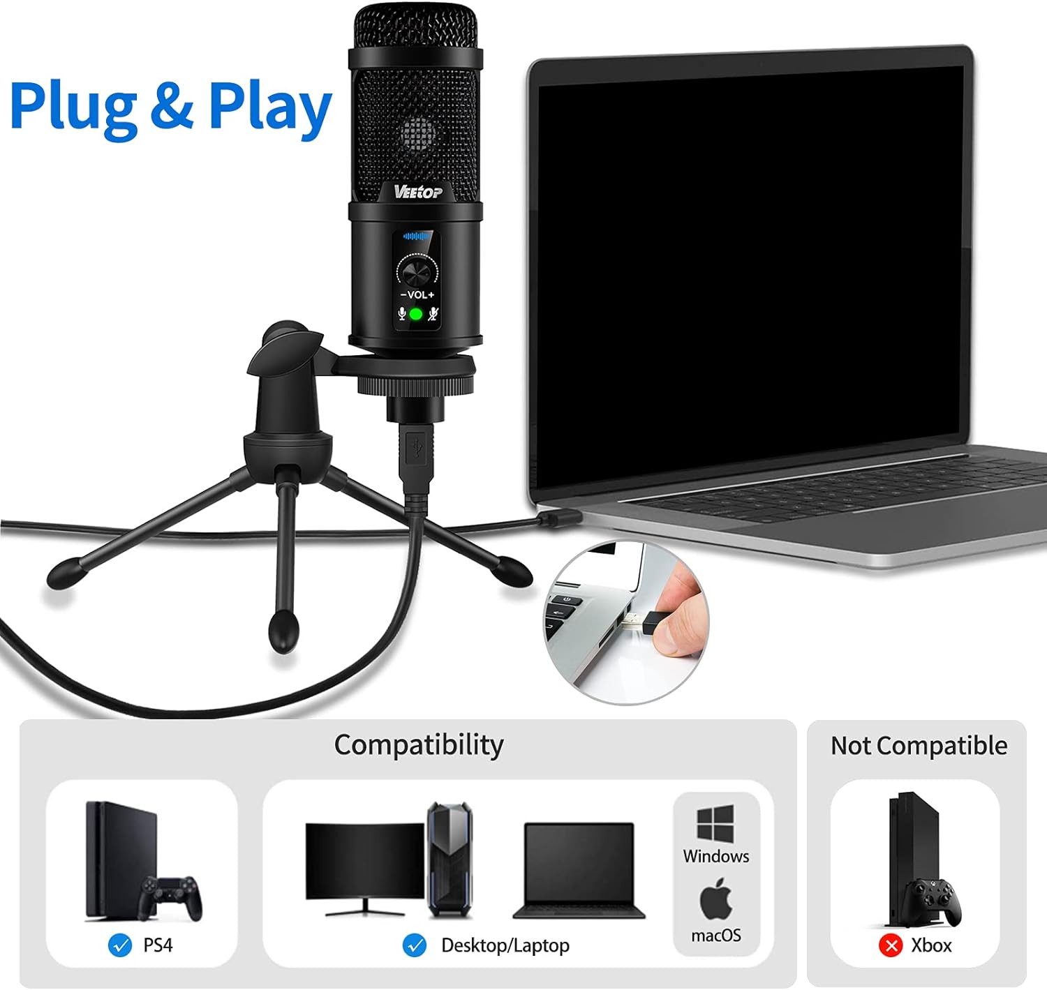 Veetop USB Microphone Metal Computer Condenser PC Mic for Gaming Podcasting Streaming Recording Voiceover YouTube Skype Twitch Zoom Cardioid with Tripod Compatible with Desktop Laptop Windows MacOS - Amazing Gadgets Outlet