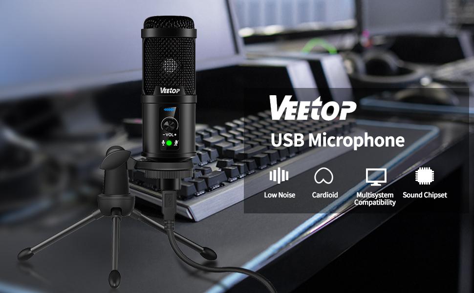 Veetop USB Microphone Metal Computer Condenser PC Mic for Gaming Podcasting Streaming Recording Voiceover YouTube Skype Twitch Zoom Cardioid with Tripod Compatible with Desktop Laptop Windows MacOS - Amazing Gadgets Outlet