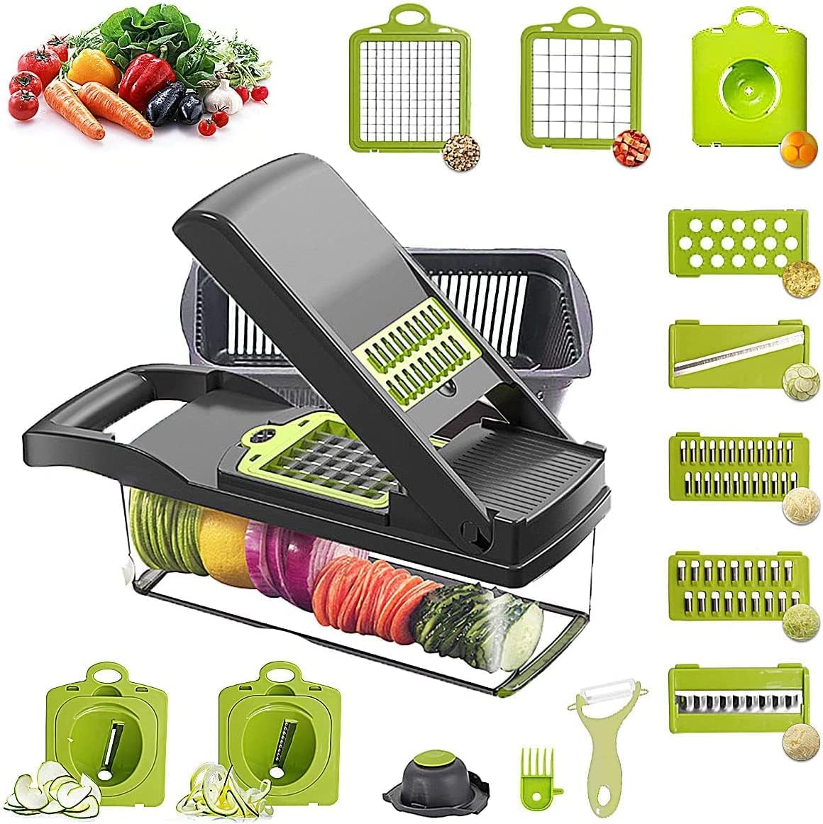 Veggie Chopper, 15 in 1 Vegetable Slicer Cutter, Multi - Function Mandoline Slicer for Onion Salad Tomato with Vegetable Spiralizer Blades by GIB Cleaningtool(Grey) - Amazing Gadgets Outlet