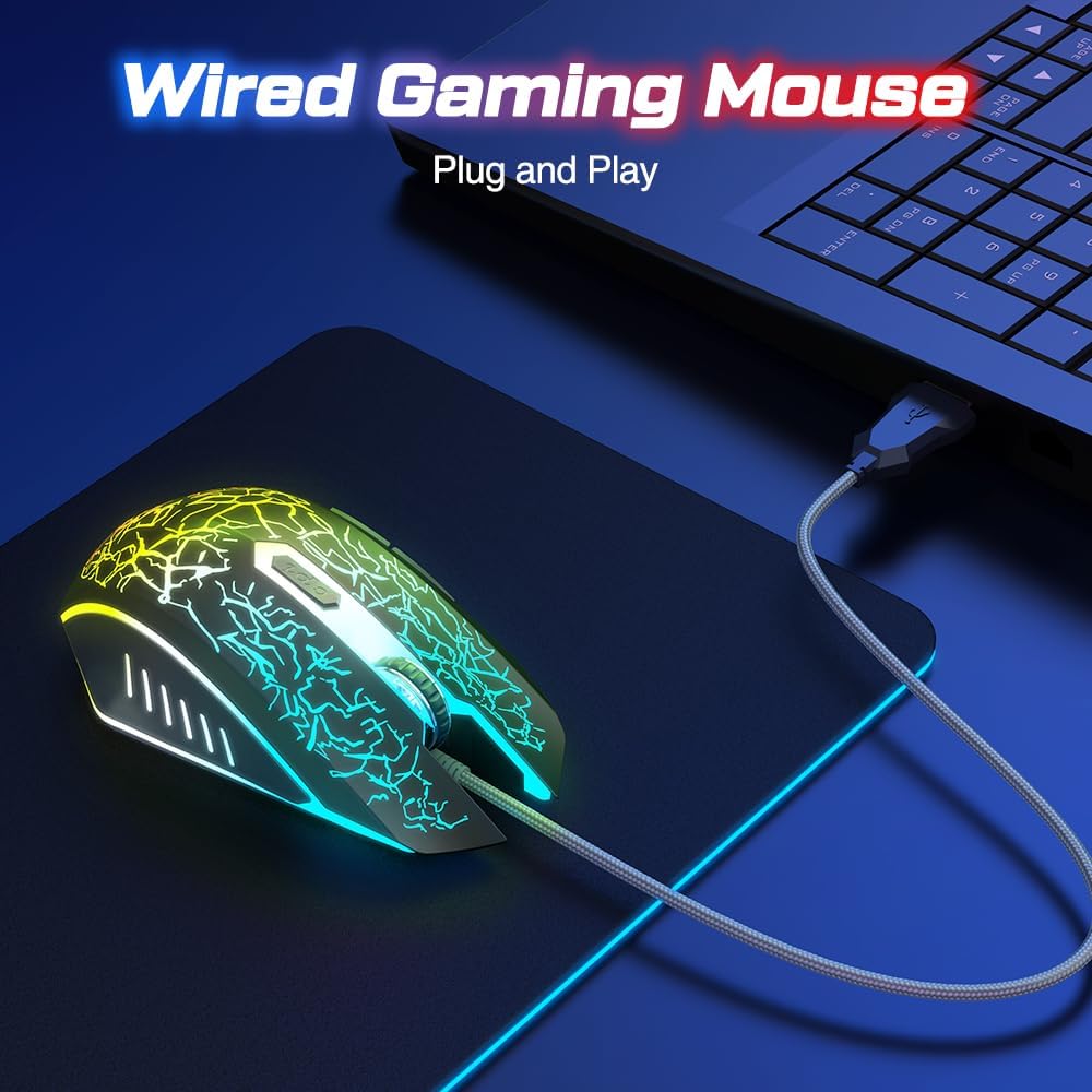 VersionTech Gaming Mouse, 4 DPI Settings Up to 3600 DPI, Light Up RGB Ergonomic Optical Gaming Mice for Laptop/mac, Computer Wired USB Mouse, 7 Colors LED Backlight, 6 Programmable Buttons - Black - Amazing Gadgets Outlet