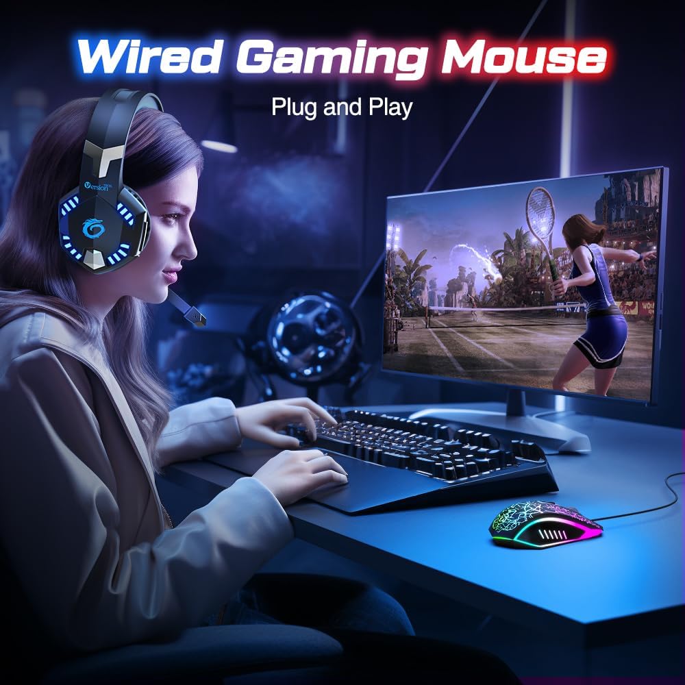 VersionTech Gaming Mouse, 4 DPI Settings Up to 3600 DPI, Light Up RGB Ergonomic Optical Gaming Mice for Laptop/mac, Computer Wired USB Mouse, 7 Colors LED Backlight, 6 Programmable Buttons - Black - Amazing Gadgets Outlet