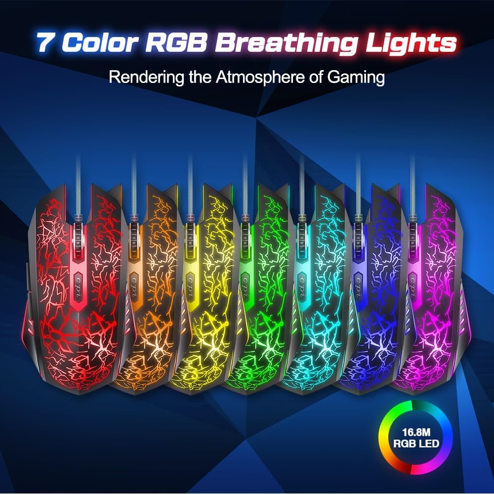 VersionTech Gaming Mouse, 4 DPI Settings Up to 3600 DPI, Light Up RGB Ergonomic Optical Gaming Mice for Laptop/mac, Computer Wired USB Mouse, 7 Colors LED Backlight, 6 Programmable Buttons - Black - Amazing Gadgets Outlet