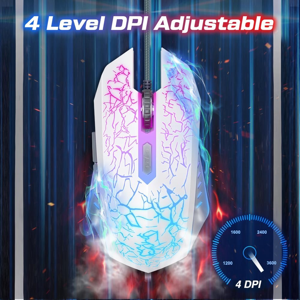 VersionTech Gaming Mouse, Wired USB Optical Mouse with 3600 DPI, 6 Buttons for Computer PC Laptop, RGB Gaming Mice 4 Adjustable DPI Levels with 7 Auto Changing Colors for Pro Gamer, White - Amazing Gadgets Outlet