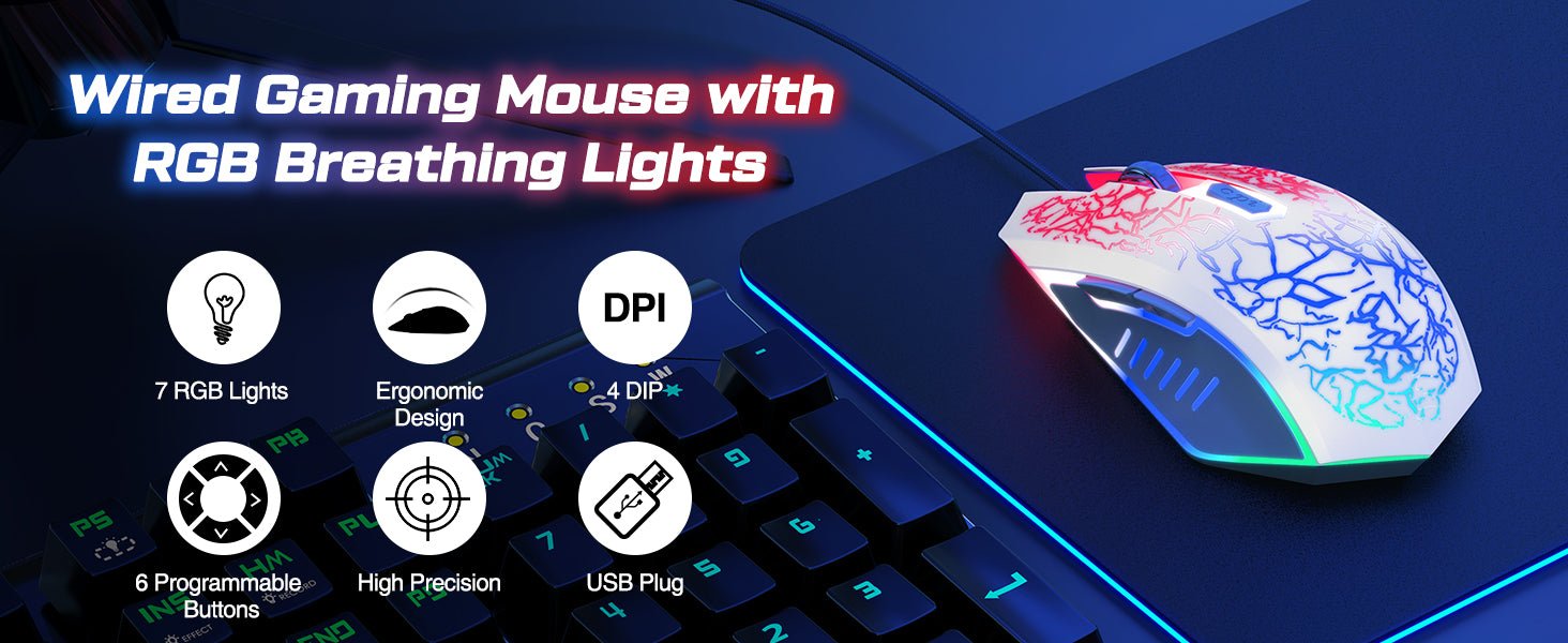 VersionTech Gaming Mouse, Wired USB Optical Mouse with 3600 DPI, 6 Buttons for Computer PC Laptop, RGB Gaming Mice 4 Adjustable DPI Levels with 7 Auto Changing Colors for Pro Gamer, White - Amazing Gadgets Outlet