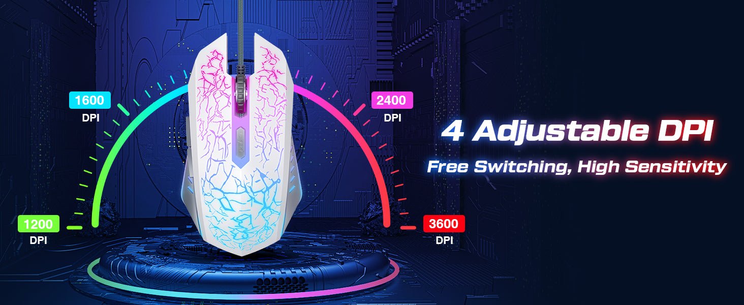 VersionTech Gaming Mouse, Wired USB Optical Mouse with 3600 DPI, 6 Buttons for Computer PC Laptop, RGB Gaming Mice 4 Adjustable DPI Levels with 7 Auto Changing Colors for Pro Gamer, White - Amazing Gadgets Outlet