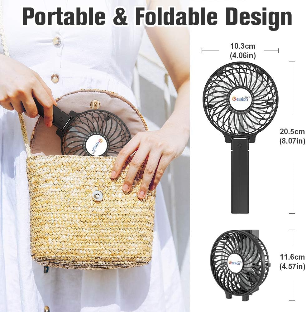 VersionTech Hand Held Fan,Portable Handheld USB Rechargeable Fans with 3 Speeds,Battery Operated Electric Powered Mini Foldable Desk Desktop Fans for Home Office Ceiling Travel Black - Amazing Gadgets Outlet