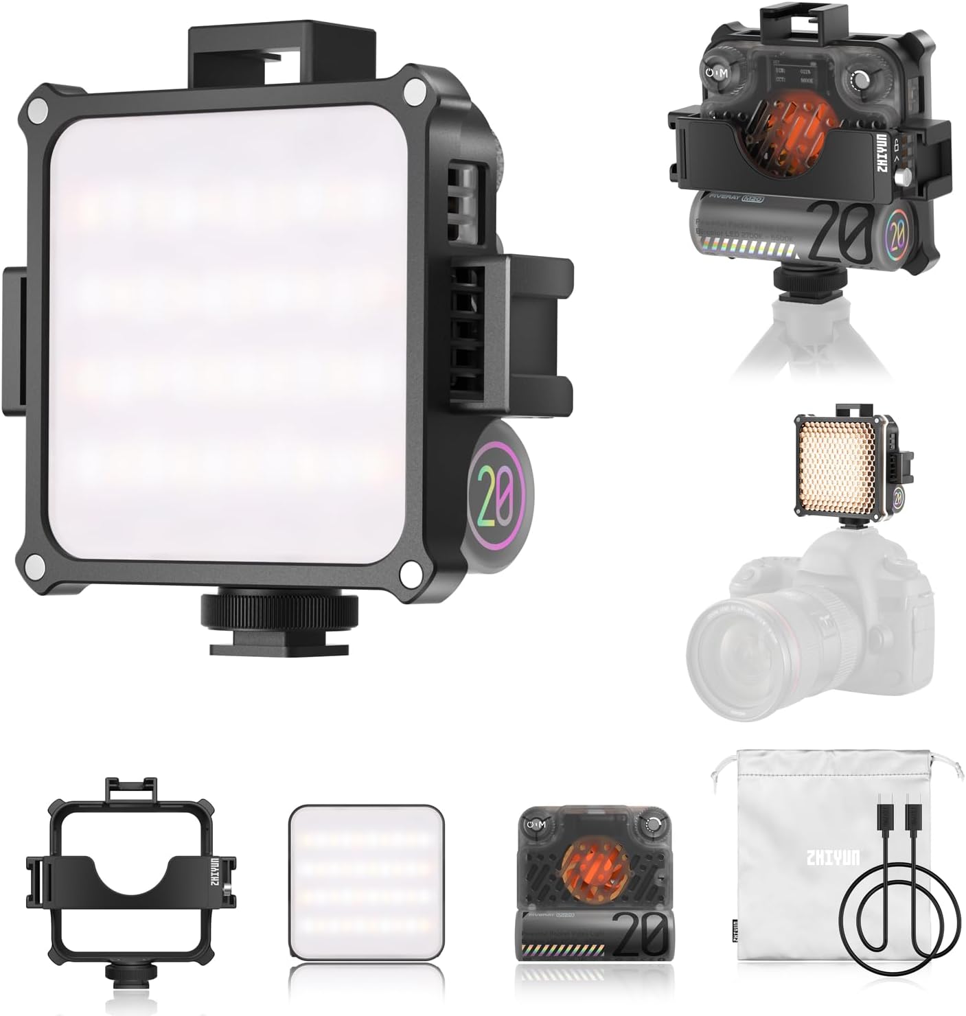 Video Light, ZHIYUN FIVERAY M20 Combo [Official] 20W Camera Light Dimmable, Portable LED Panel Light Rechargeable with Extension Bracket, Modifier Pack for Youtube, 2700K - 6500K, 2010Lux, TLCI 97+ - Amazing Gadgets Outlet