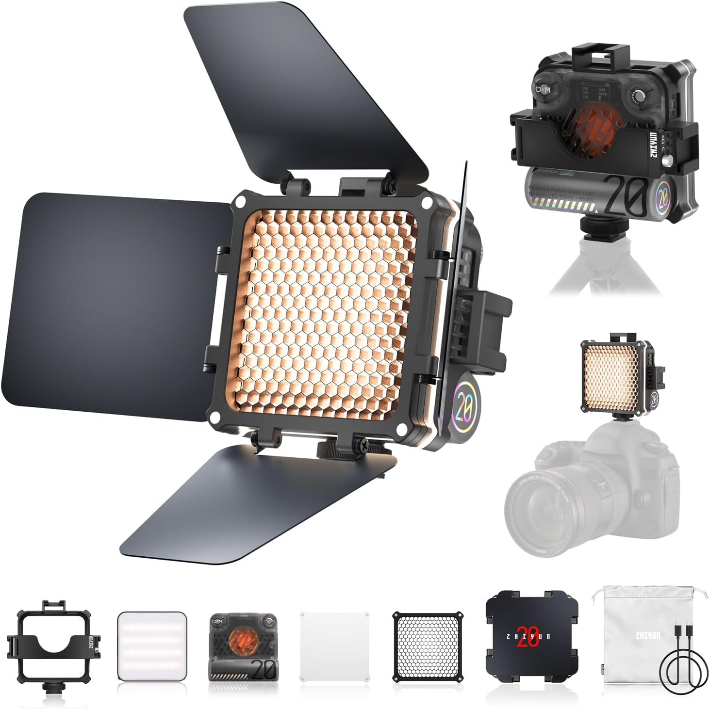 Video Light, ZHIYUN FIVERAY M20 Combo [Official] 20W Camera Light Dimmable, Portable LED Panel Light Rechargeable with Extension Bracket, Modifier Pack for Youtube, 2700K - 6500K, 2010Lux, TLCI 97+ - Amazing Gadgets Outlet