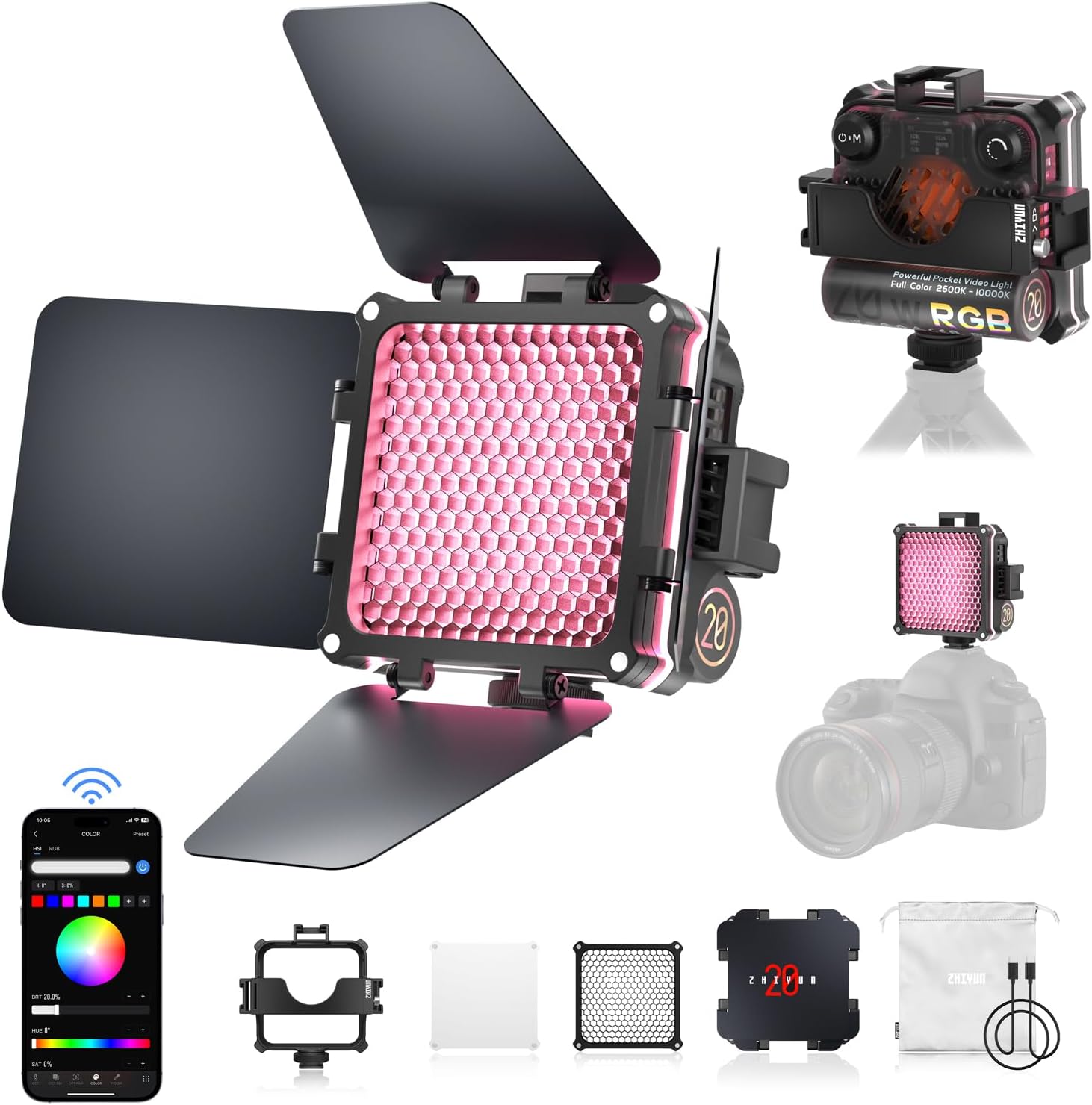 Video Light, ZHIYUN FIVERAY M20 Combo [Official] 20W Camera Light Dimmable, Portable LED Panel Light Rechargeable with Extension Bracket, Modifier Pack for Youtube, 2700K - 6500K, 2010Lux, TLCI 97+ - Amazing Gadgets Outlet