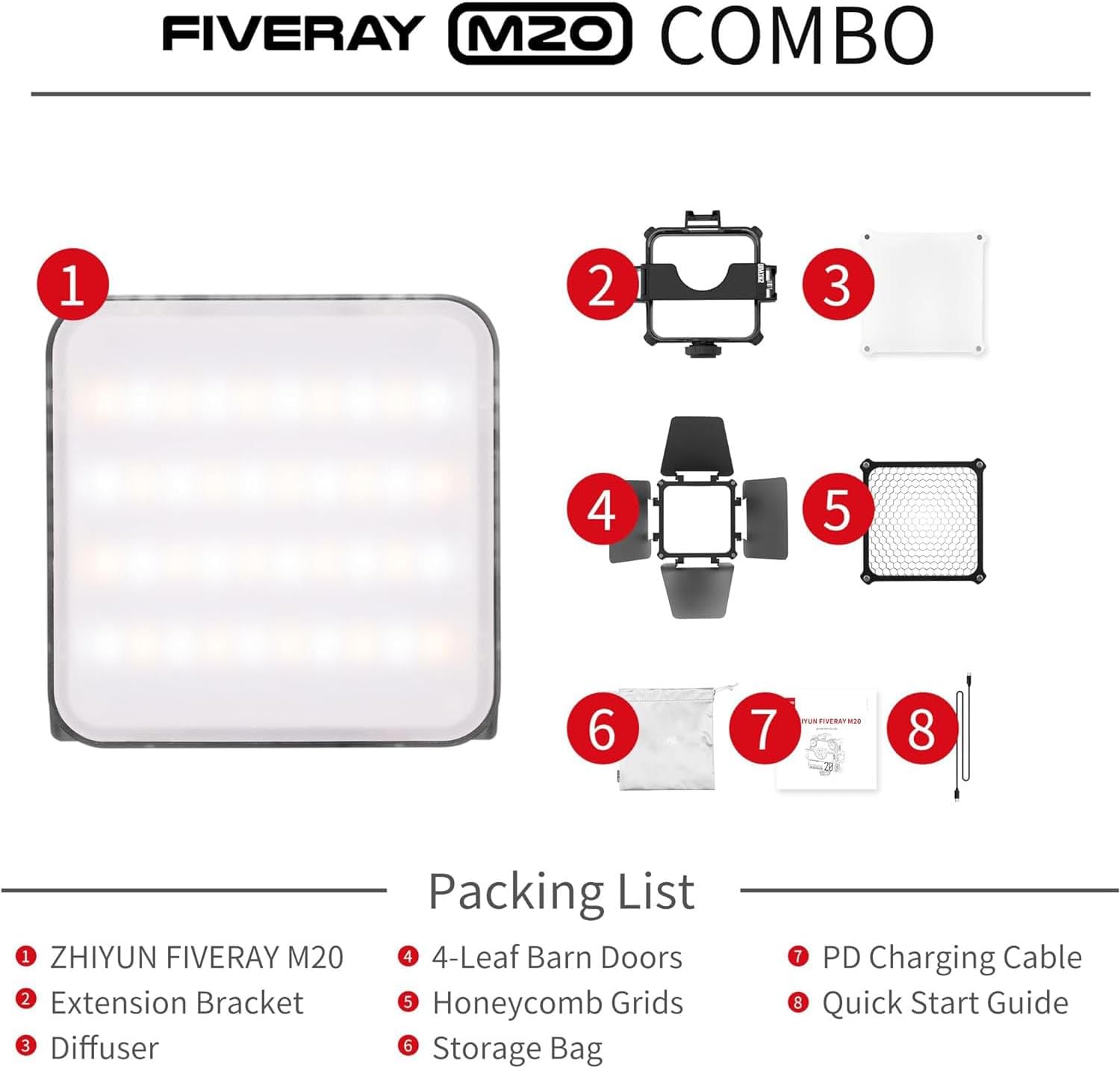 Video Light, ZHIYUN FIVERAY M20 Combo [Official] 20W Camera Light Dimmable, Portable LED Panel Light Rechargeable with Extension Bracket, Modifier Pack for Youtube, 2700K - 6500K, 2010Lux, TLCI 97+ - Amazing Gadgets Outlet