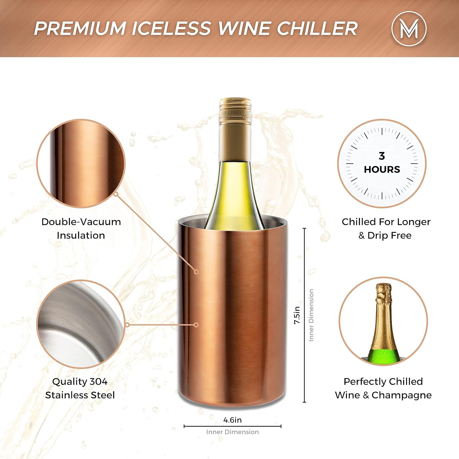 Villa & Marx Wine Chiller - Elegant Champagne Bucket with Premium Box - Insulated Wine Bottle Cooler Without Ice - Double Walled Wine Chiller Bucket, Fits And Cools All Bottles (Copper) - Amazing Gadgets Outlet